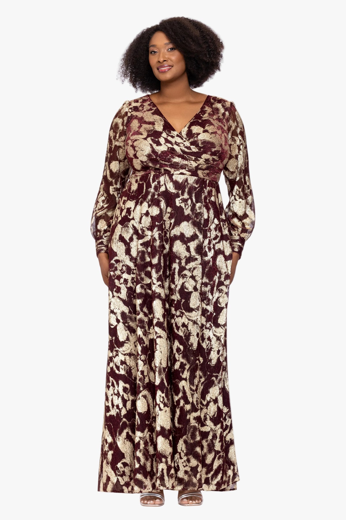 Plus "Meadow" Metallic Long Sleeve V-Neck Dress