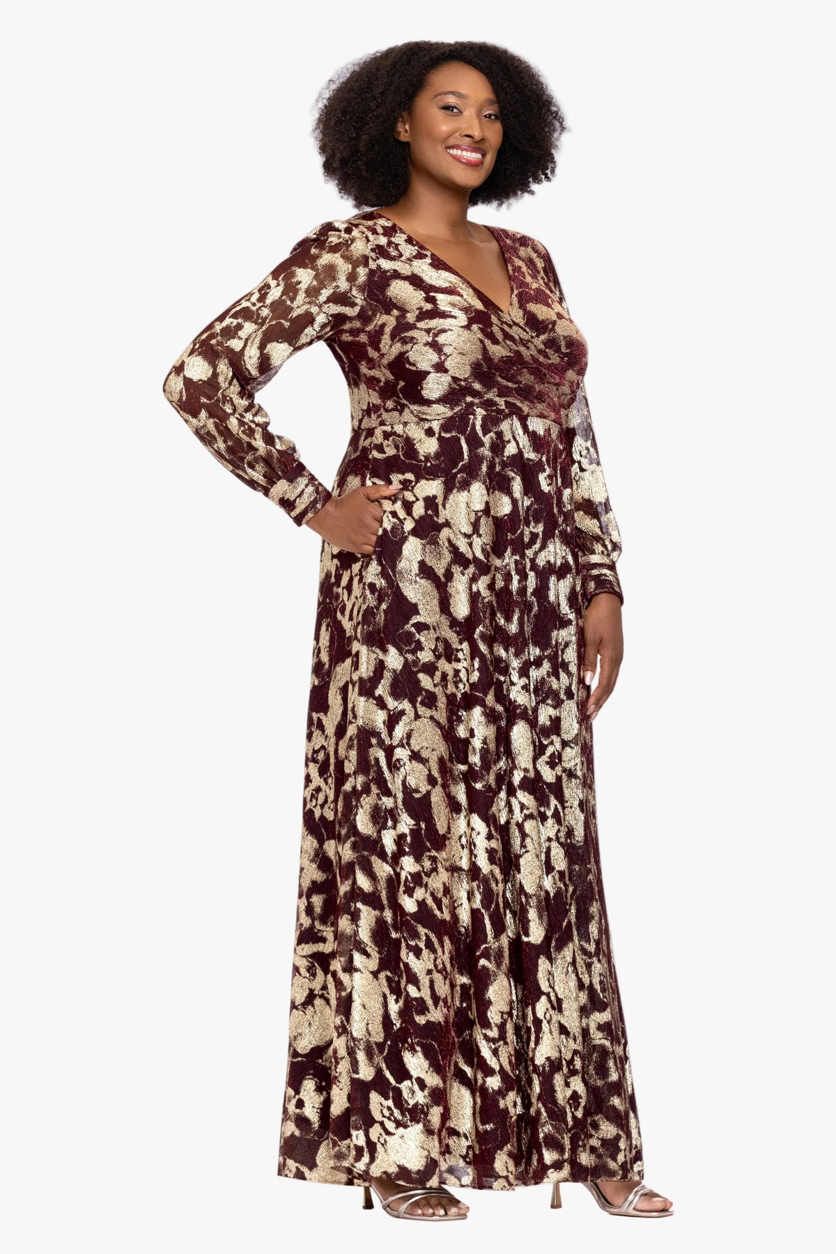 Plus "Meadow" Metallic Long Sleeve V-Neck Dress
