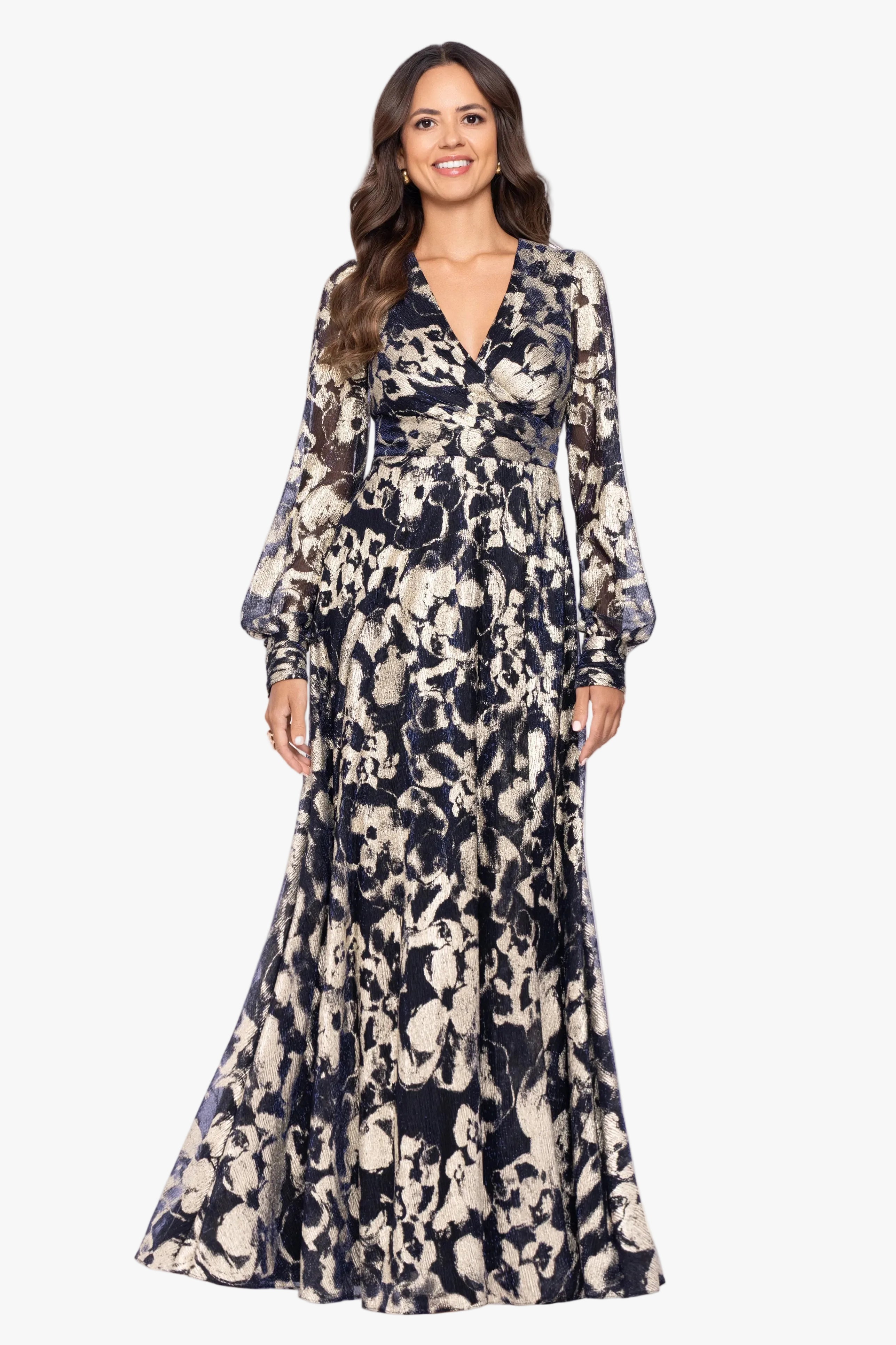 Petite "Meadow" Metallic Long Sleeve V-Neck Dress