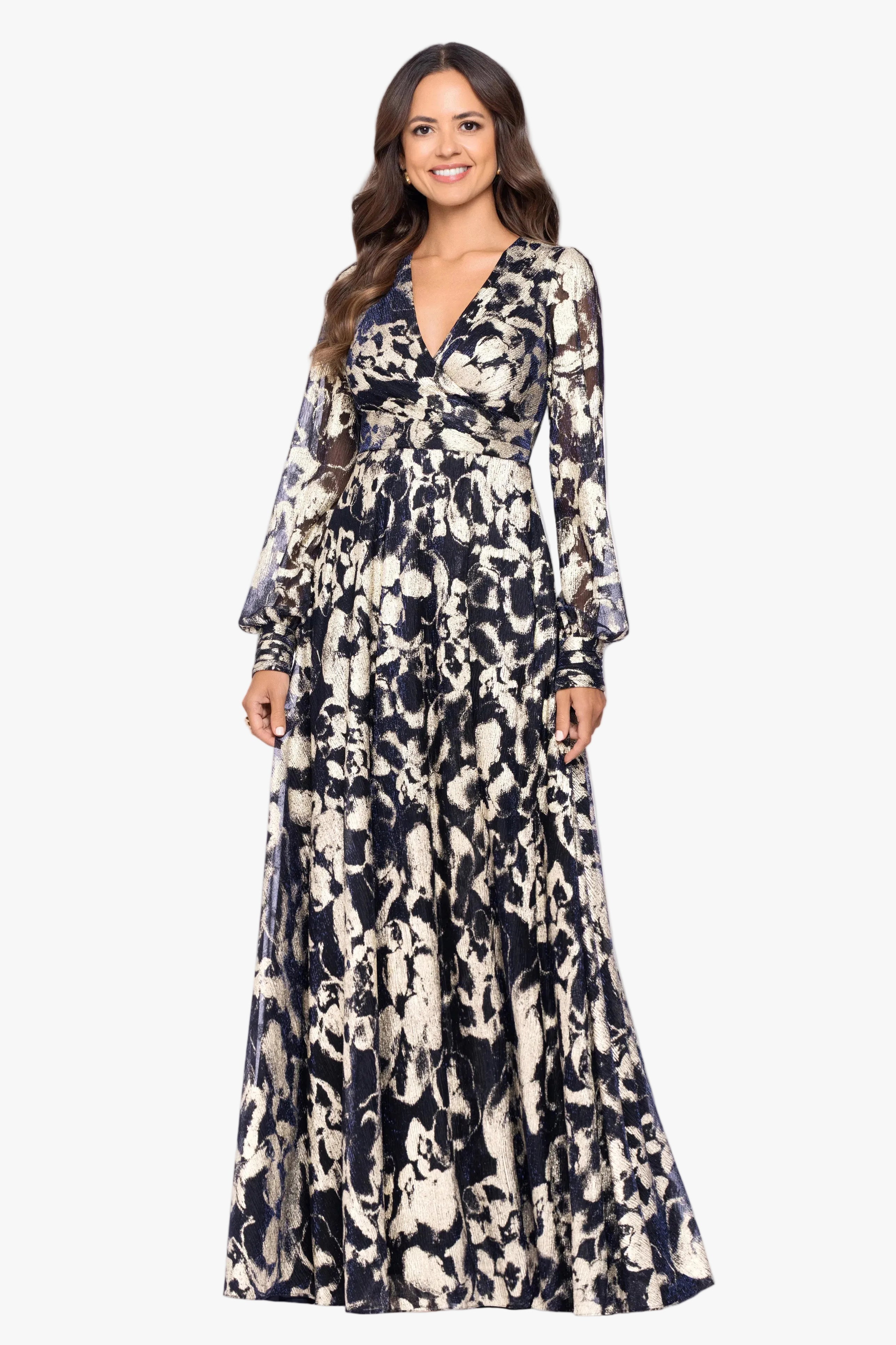 Petite "Meadow" Metallic Long Sleeve V-Neck Dress