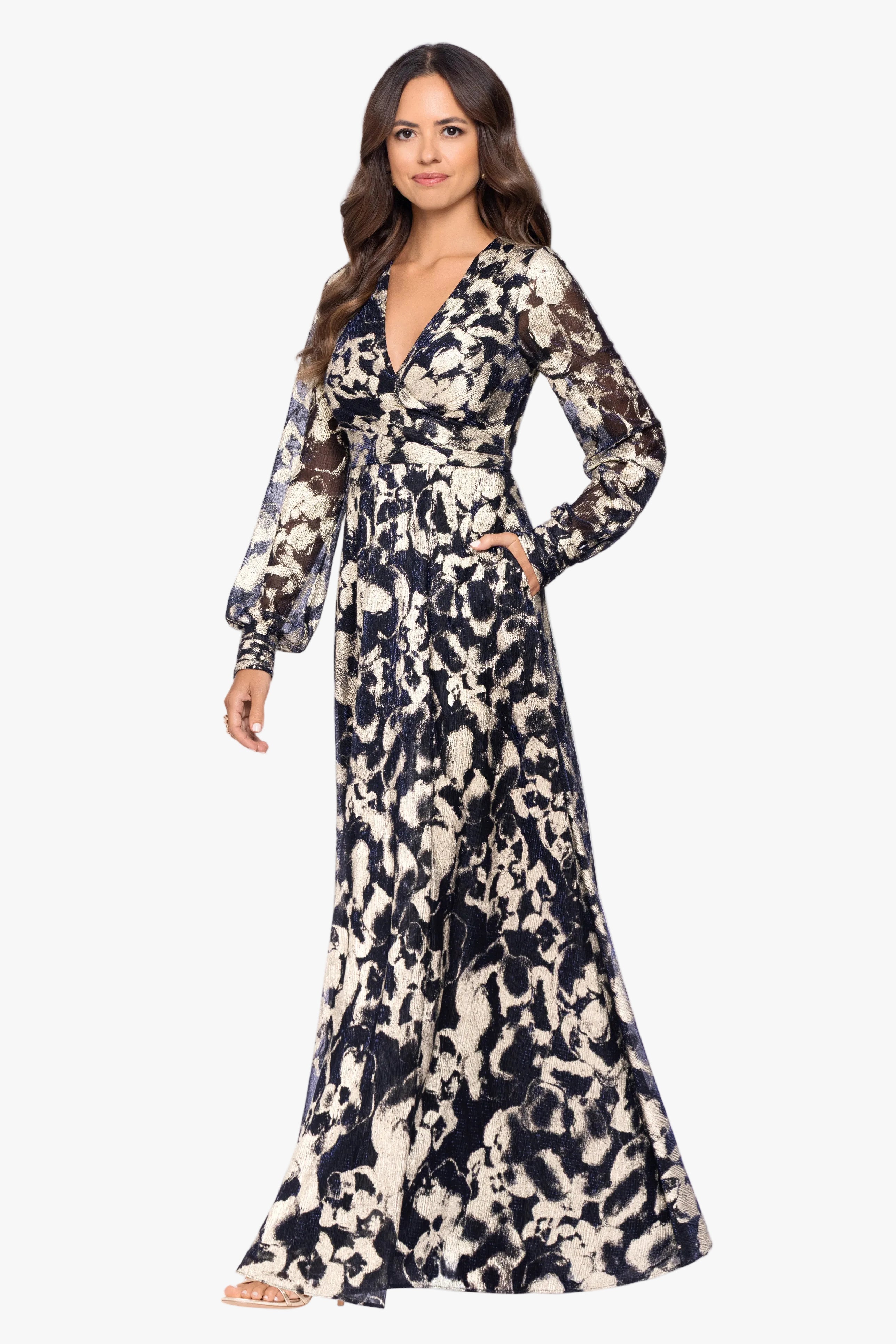 Petite "Meadow" Metallic Long Sleeve V-Neck Dress