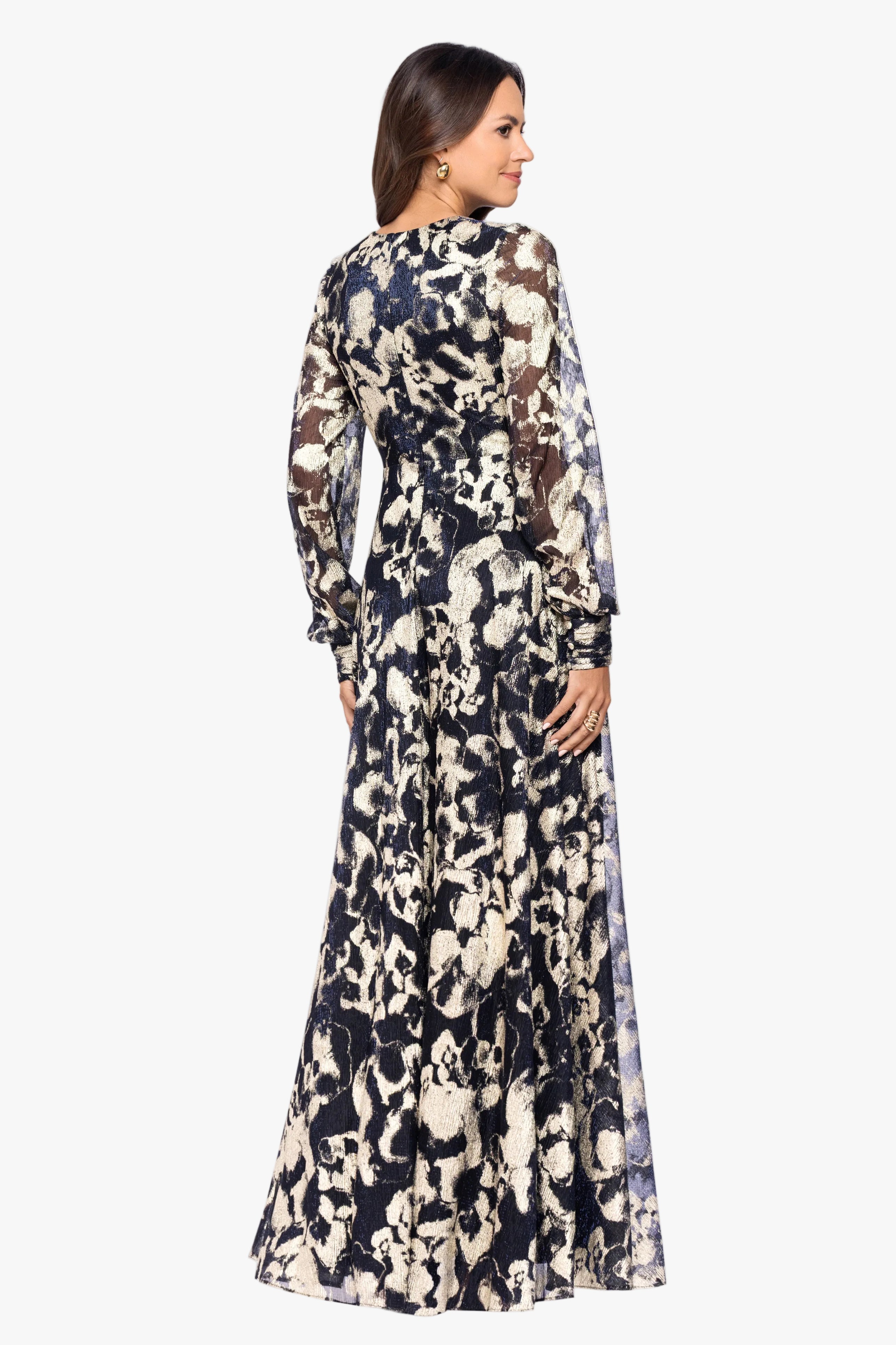 Petite "Meadow" Metallic Long Sleeve V-Neck Dress
