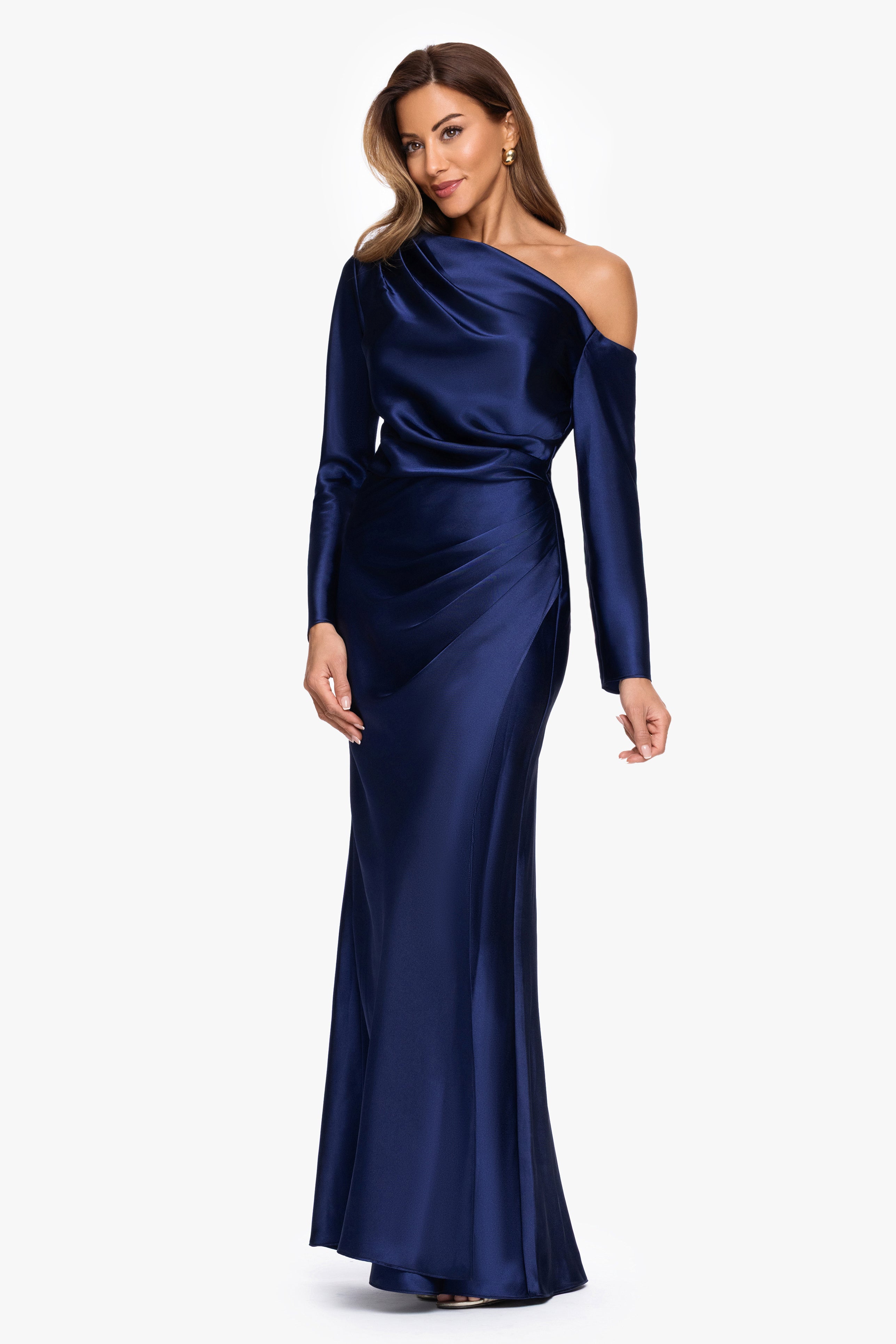 "Hayden" Satin Off The Shoulder Long Sleeve Dress