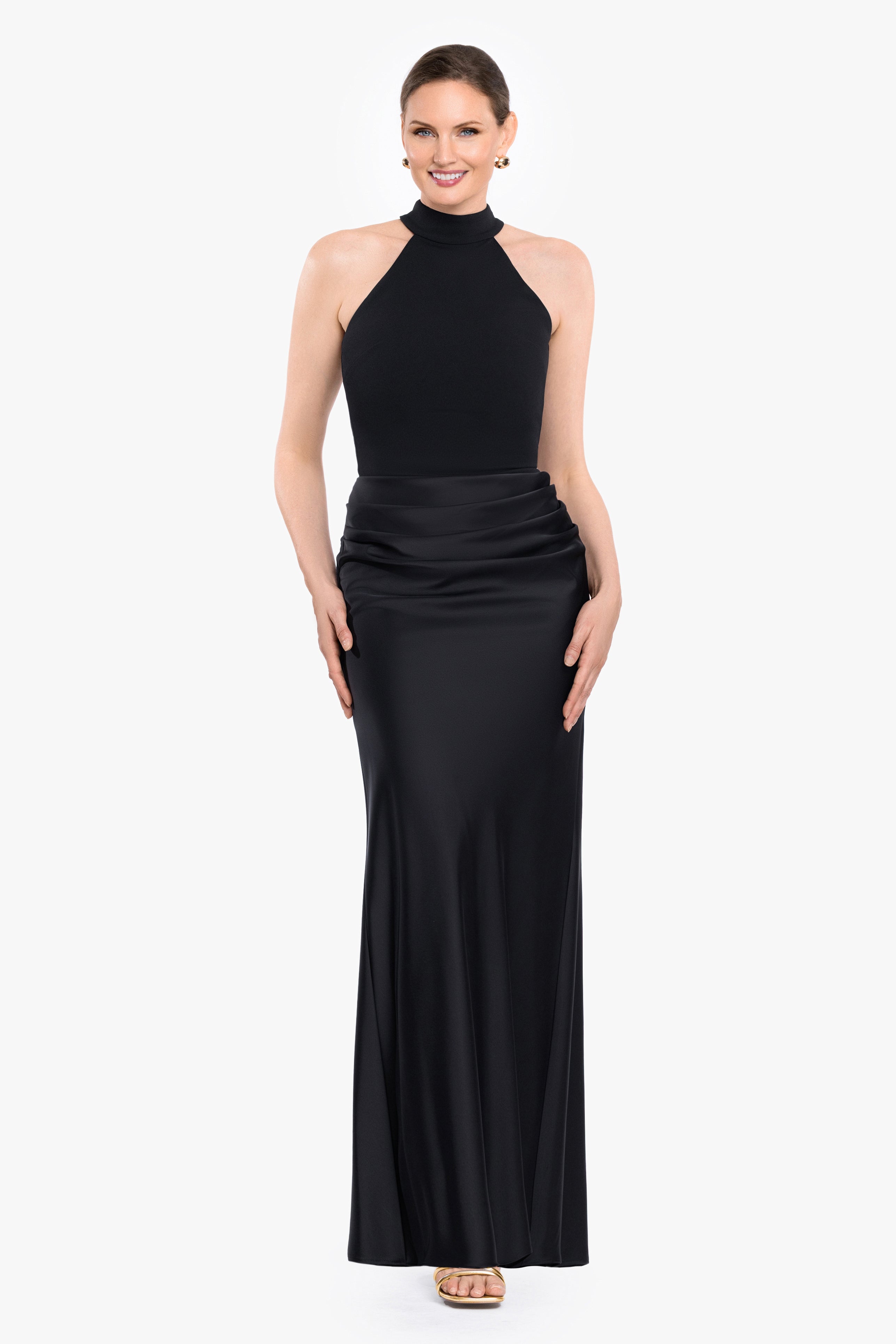 "Jamie" Double Satin Mock Neck Dress