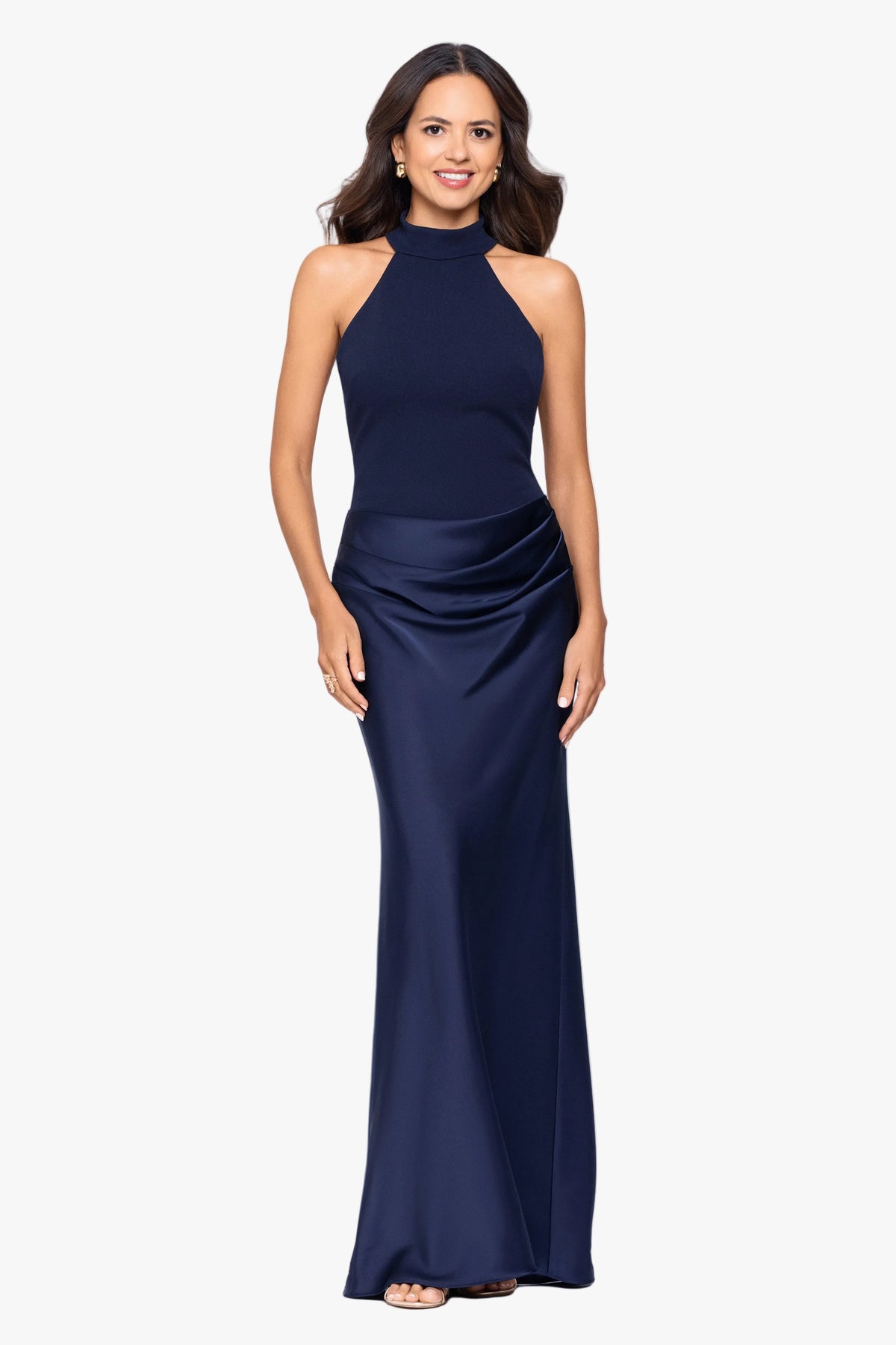 blue silk high neck dress Jamie Double Face Satin Mock The dress features a