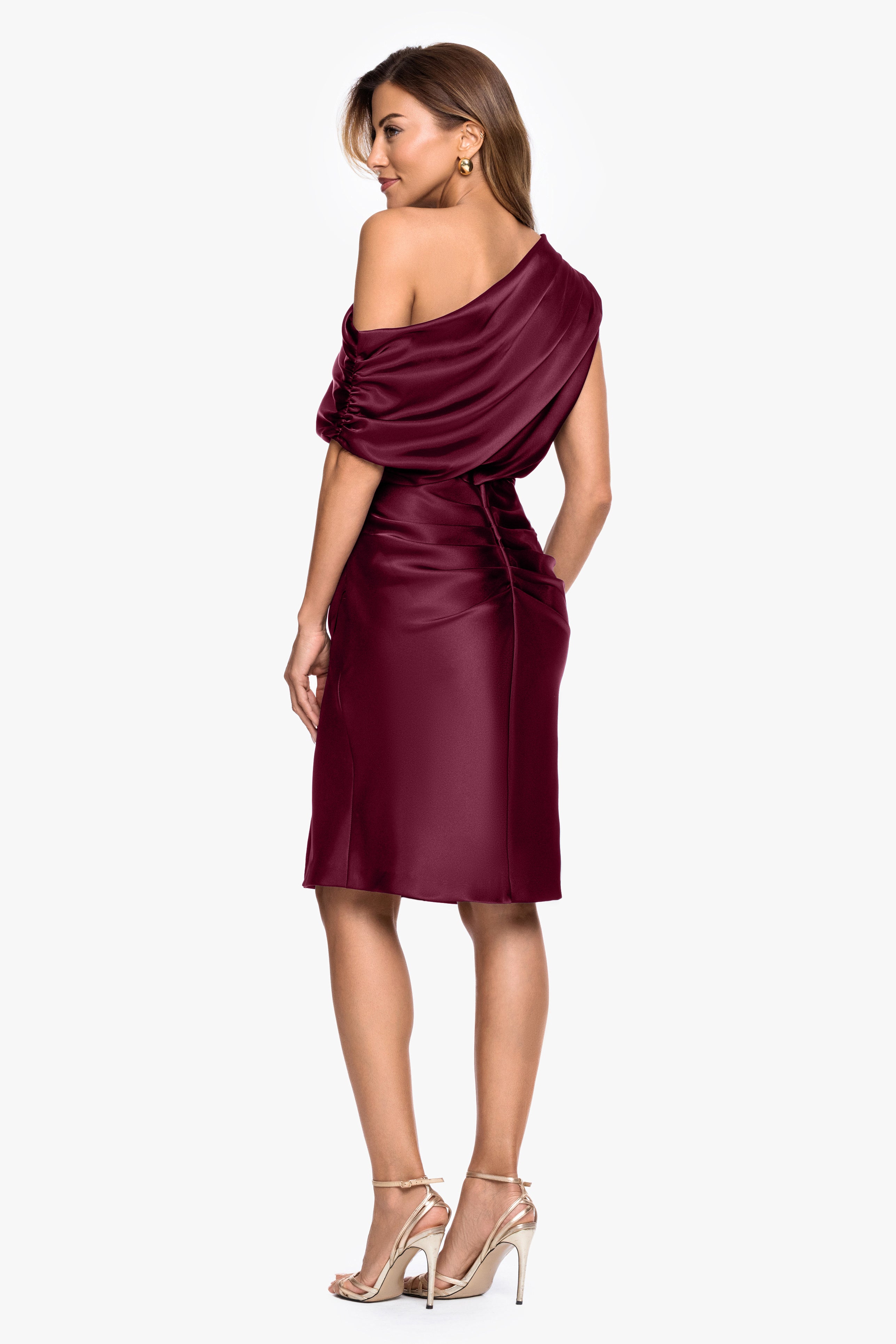 cocktail dress satin Macy Off The Shoulder Ruched Short in bust support provide a Demetrios Style 1501 Wedding Dresses With Off The Shoulder Sleeve Color:Forest-Green