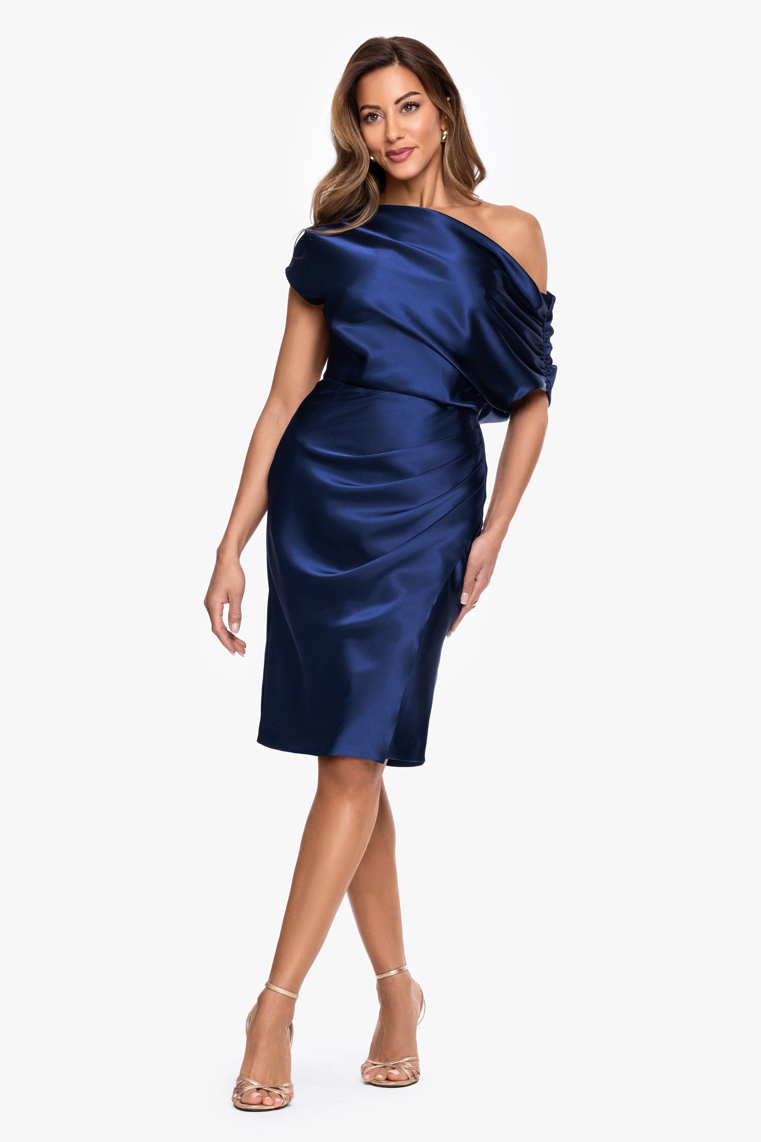 "Macy" Charmeuse Off The Shoulder Rouche Short Dress