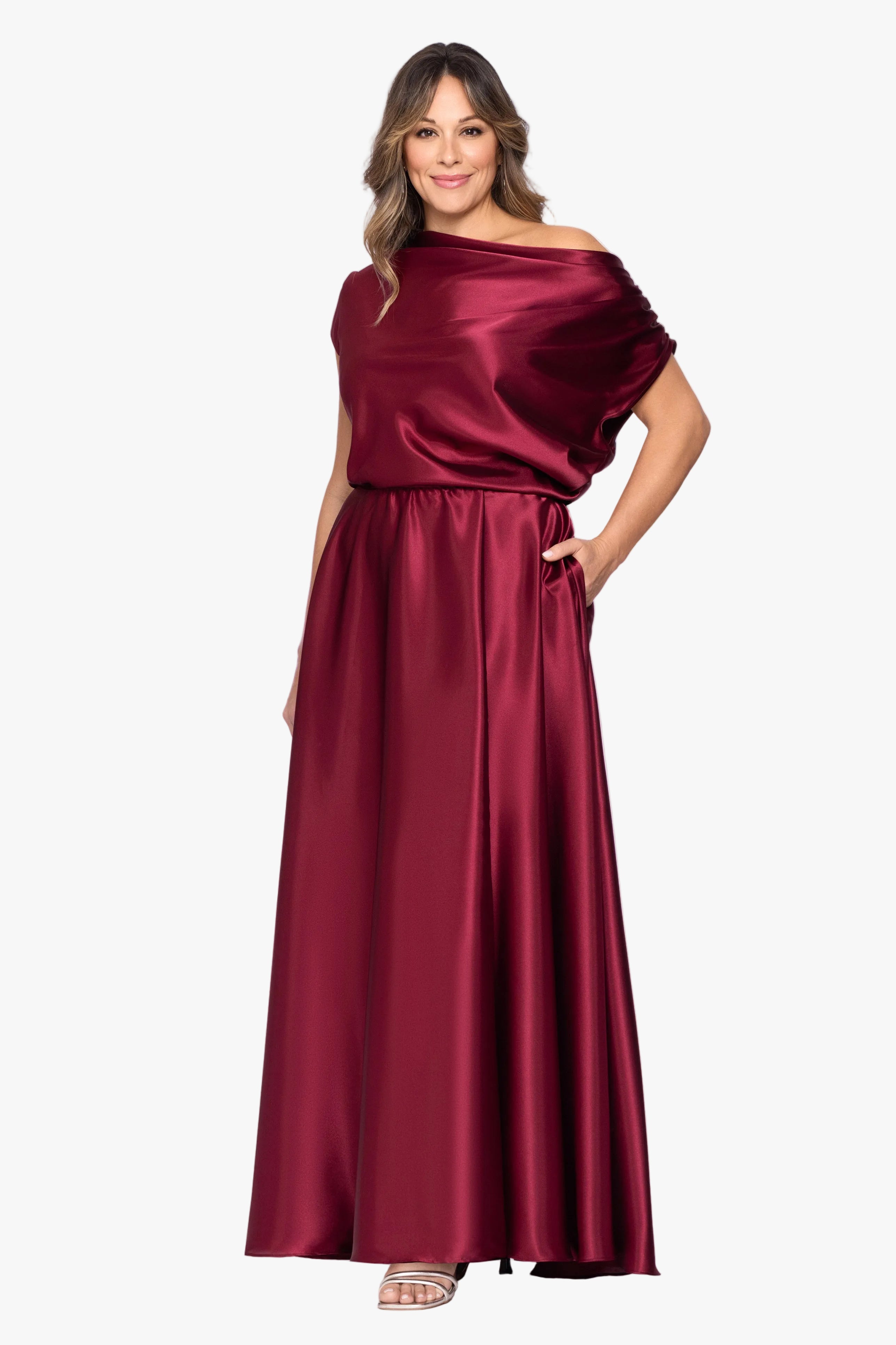 Plus "Soley" Charmeuse Off Shoulder Ruched Gown