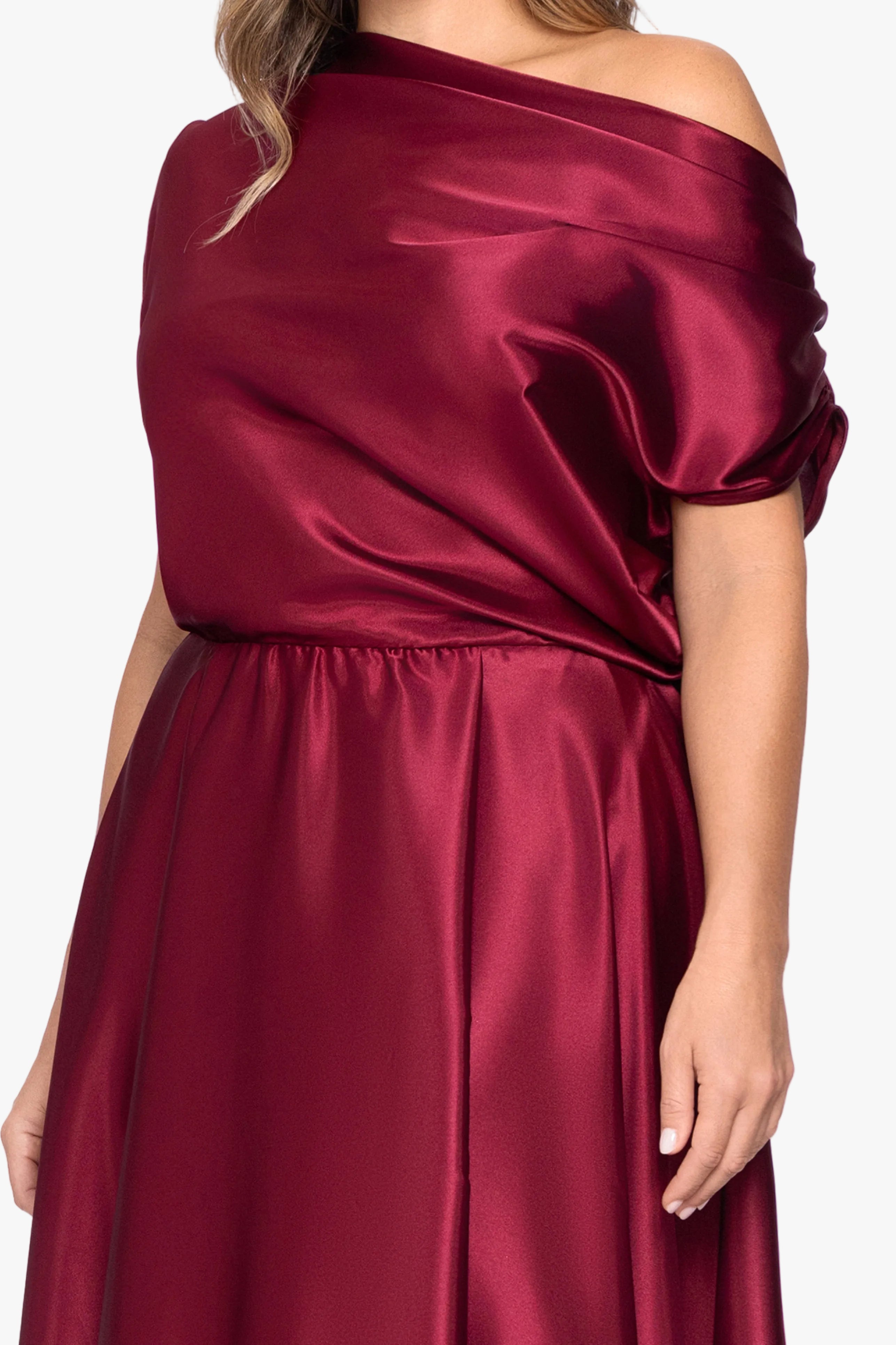 Plus "Soley" Charmeuse Off Shoulder Ruched Gown