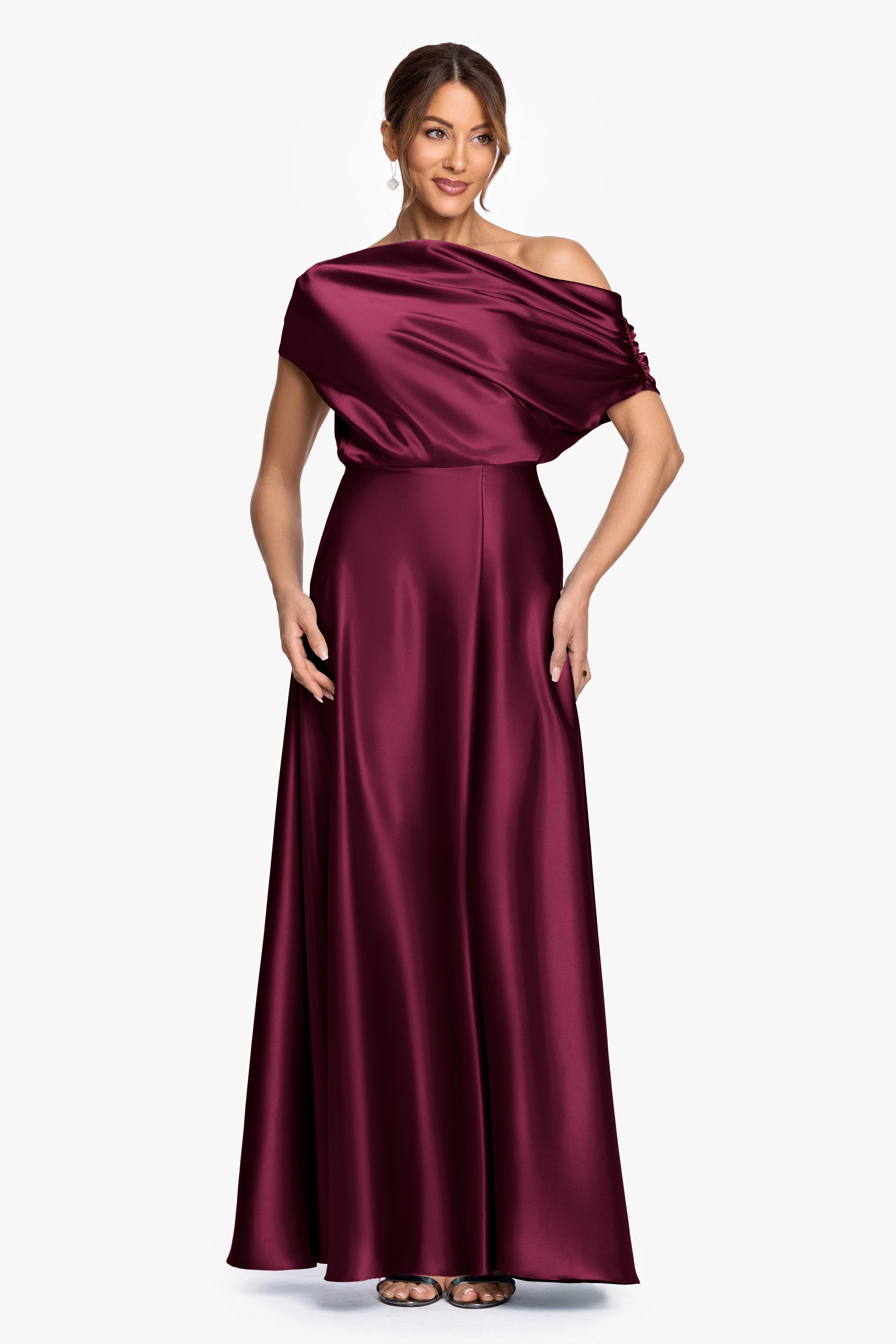 "Soley" Satin Off The Shoulder Ruched Gown