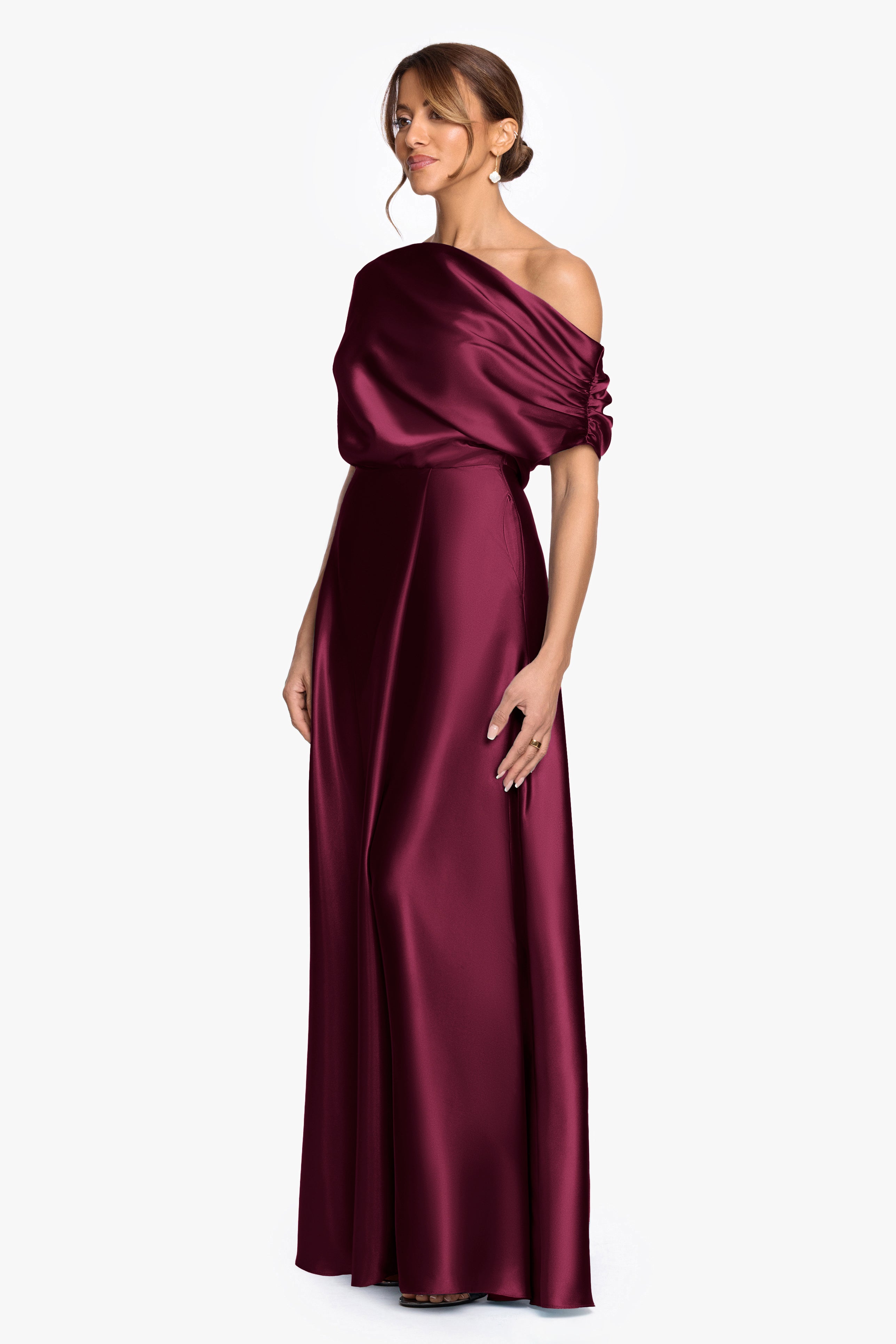 "Soley" Satin Off The Shoulder Ruched Gown