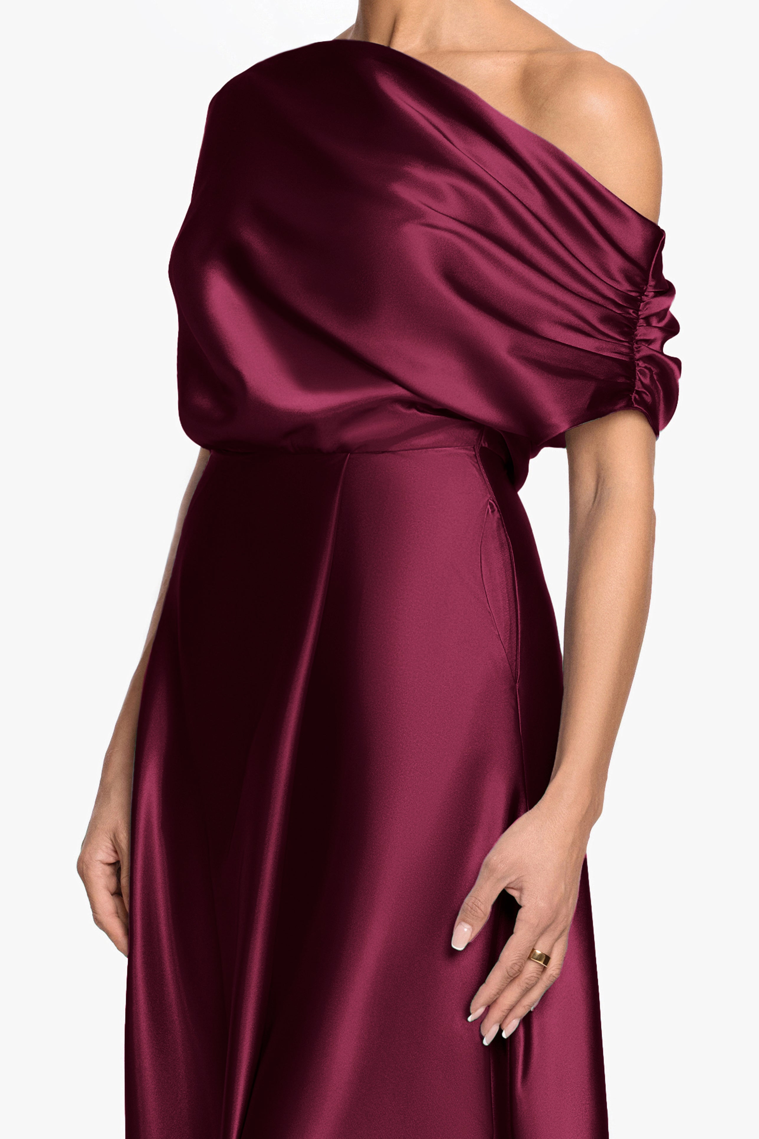 "Soley" Satin Off The Shoulder Ruched Gown