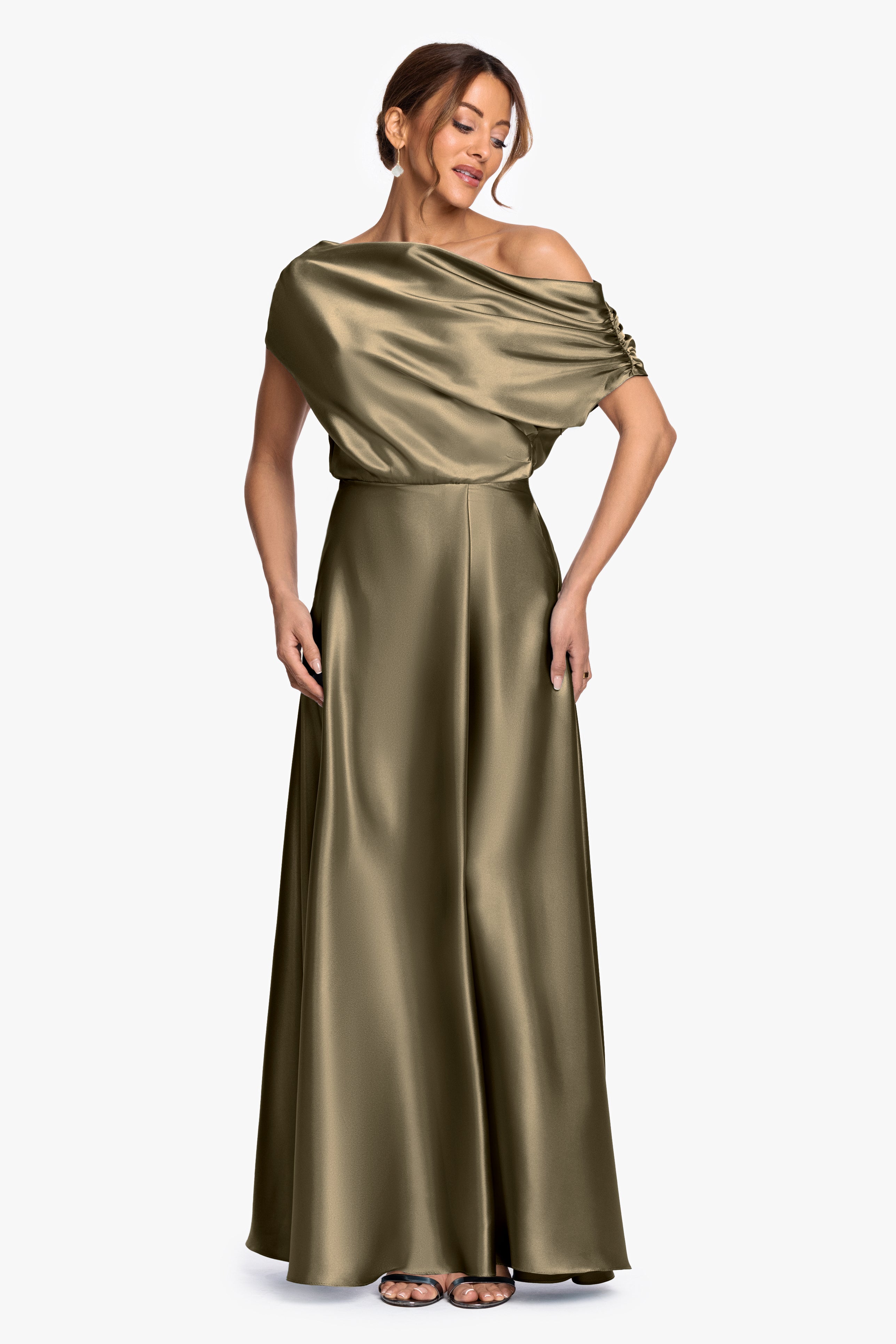 "Soley" Satin Off The Shoulder Ruched Gown