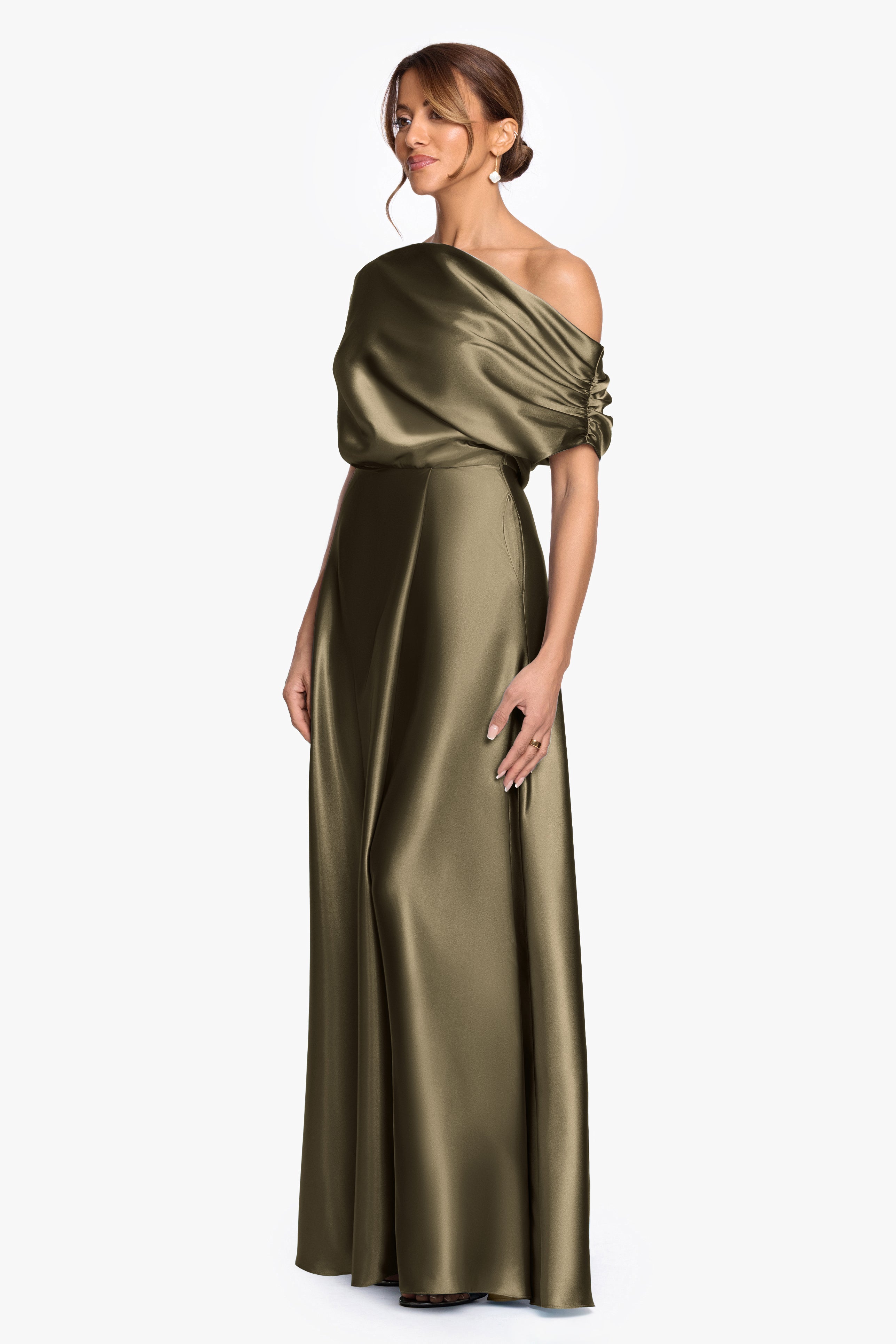 "Soley" Satin Off The Shoulder Ruched Gown
