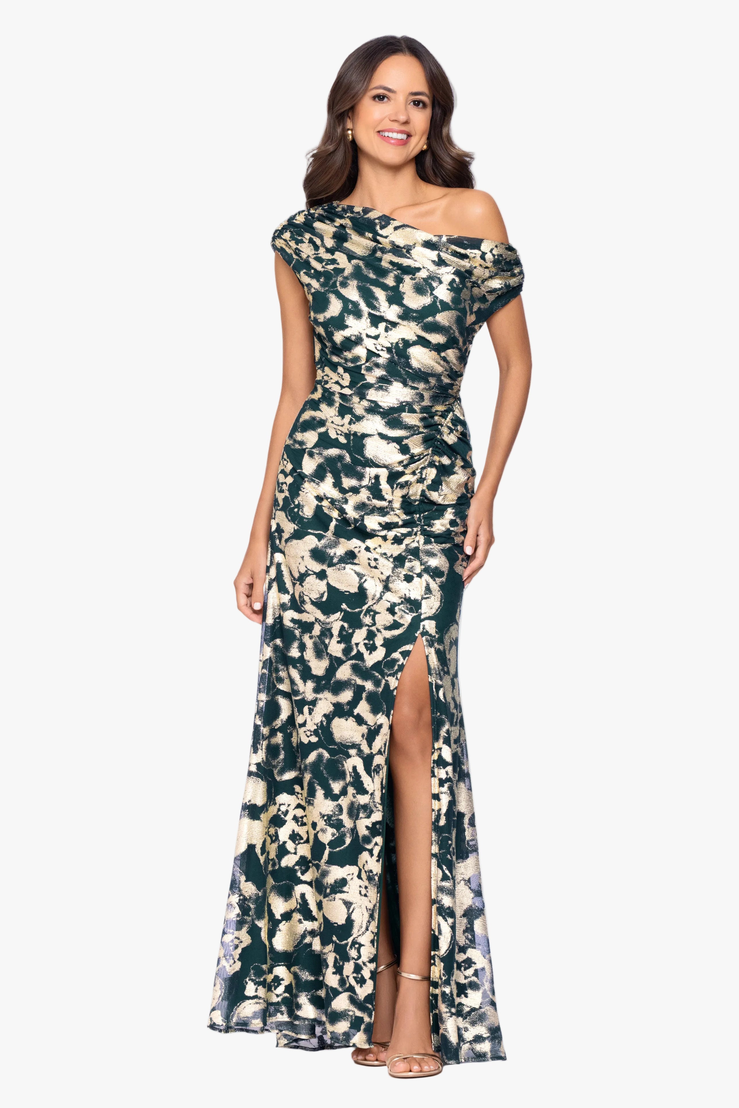 "Lauren" Foil Mesh Off The Shoulder Ruched Dress