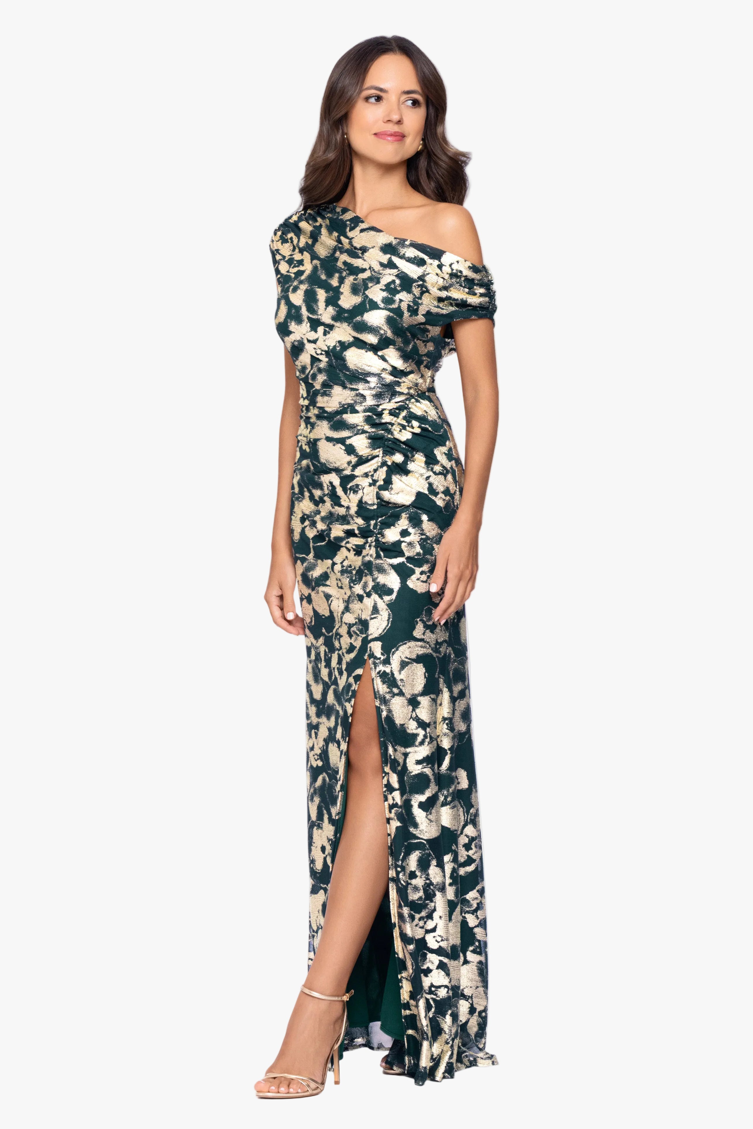 "Lauren" Foil Mesh Off The Shoulder Ruched Dress