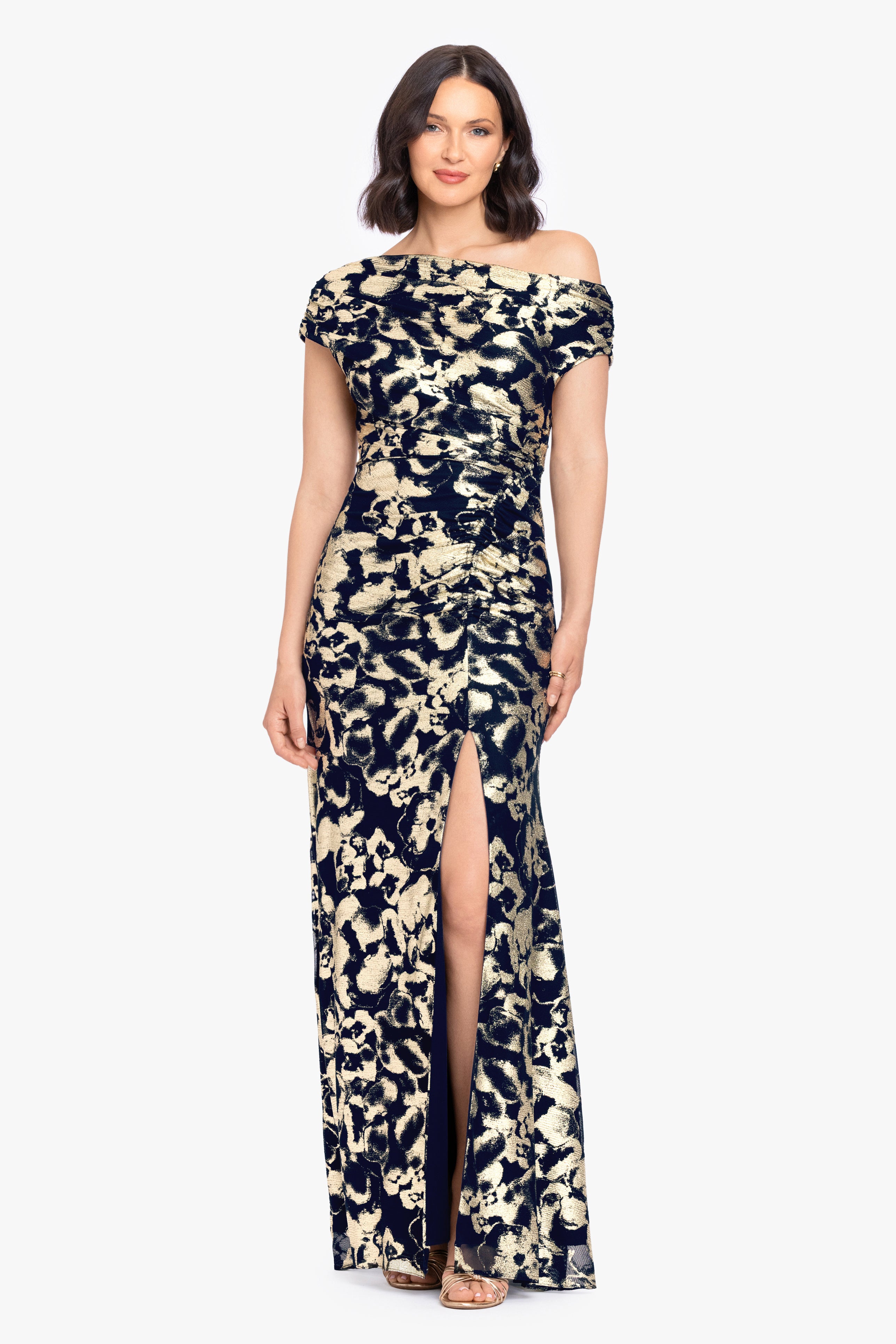 "Lauren" Foil Mesh Off The Shoulder Ruched Dress