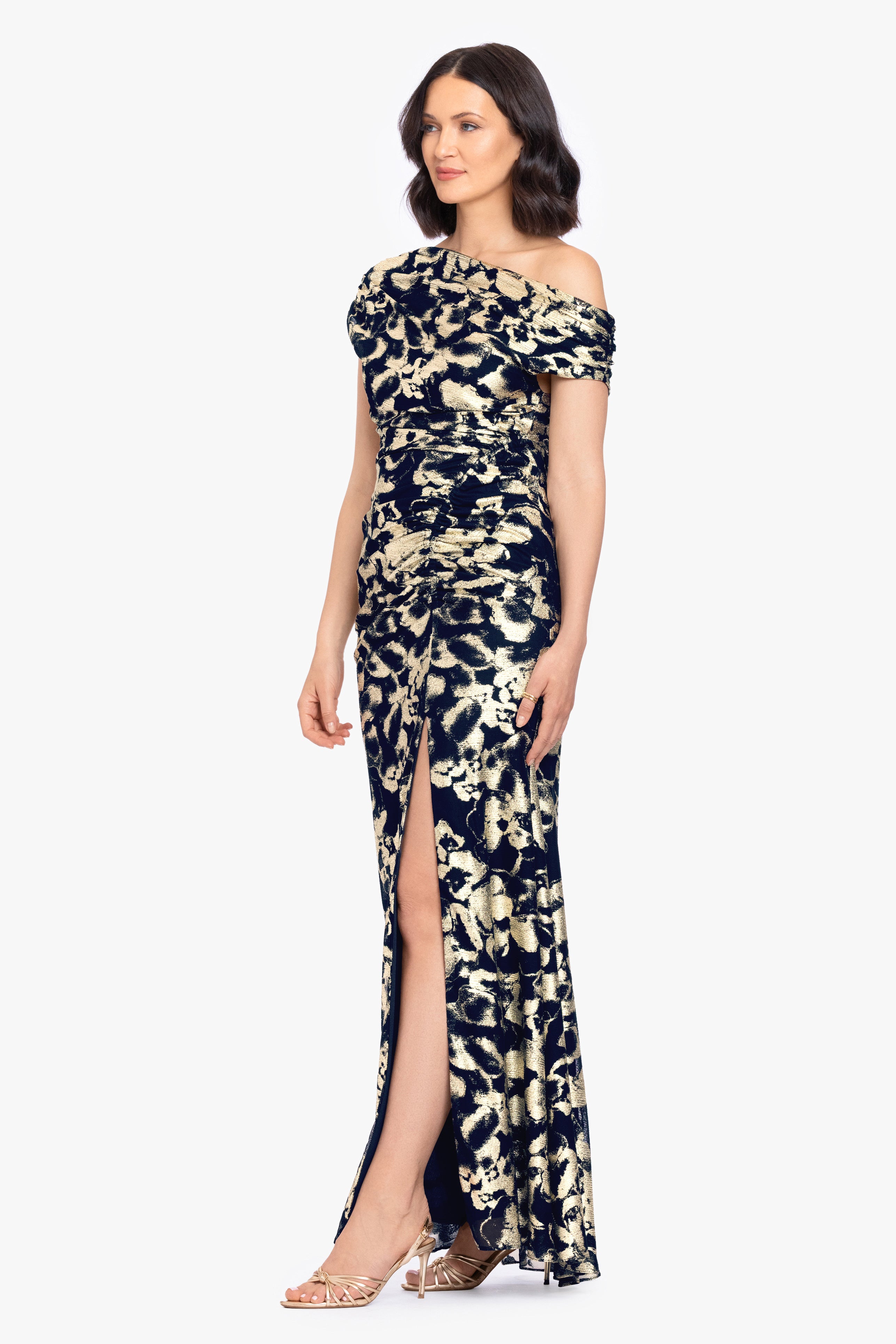 "Lauren" Foil Mesh Off The Shoulder Ruched Dress