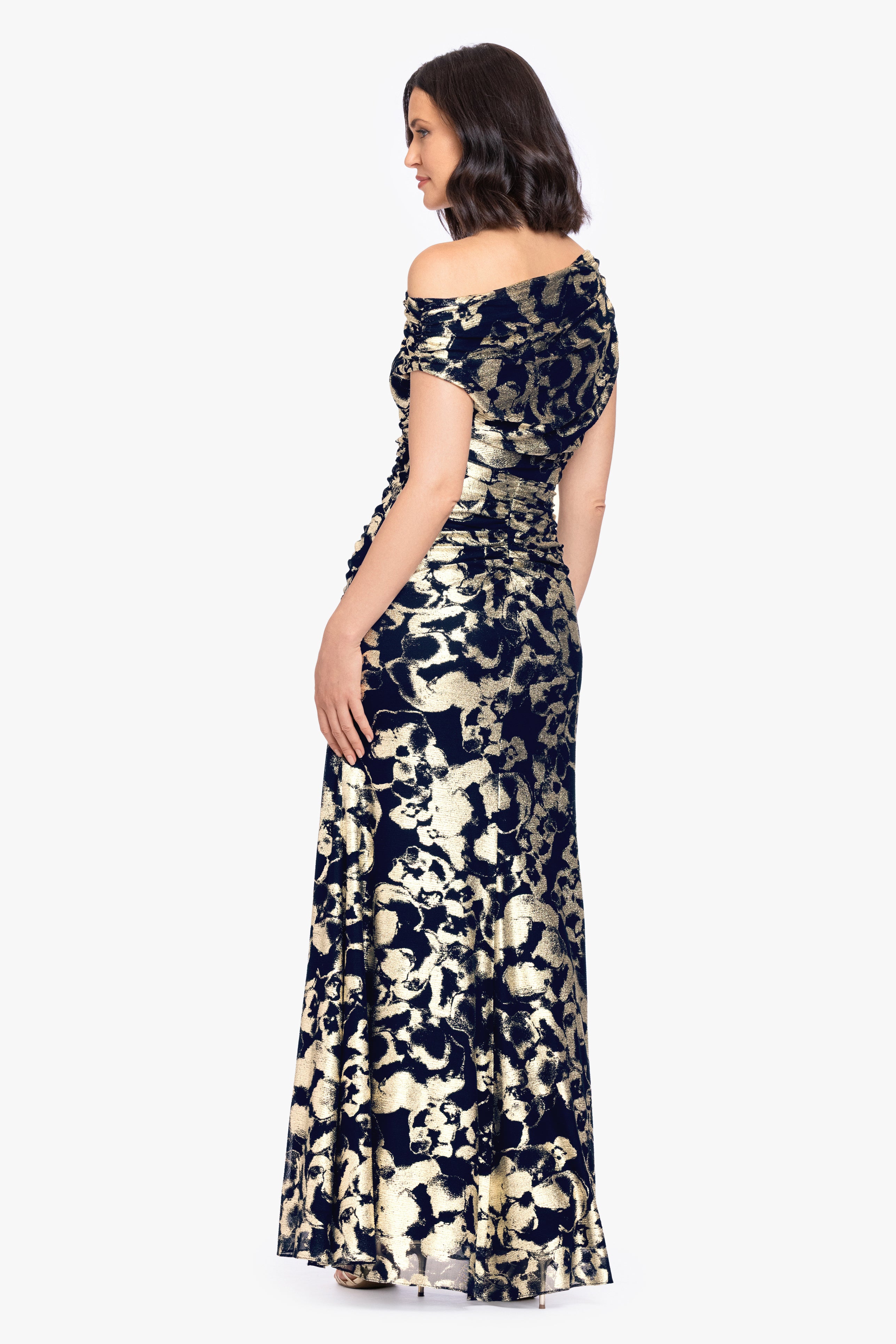 "Lauren" Foil Mesh Off The Shoulder Ruched Dress