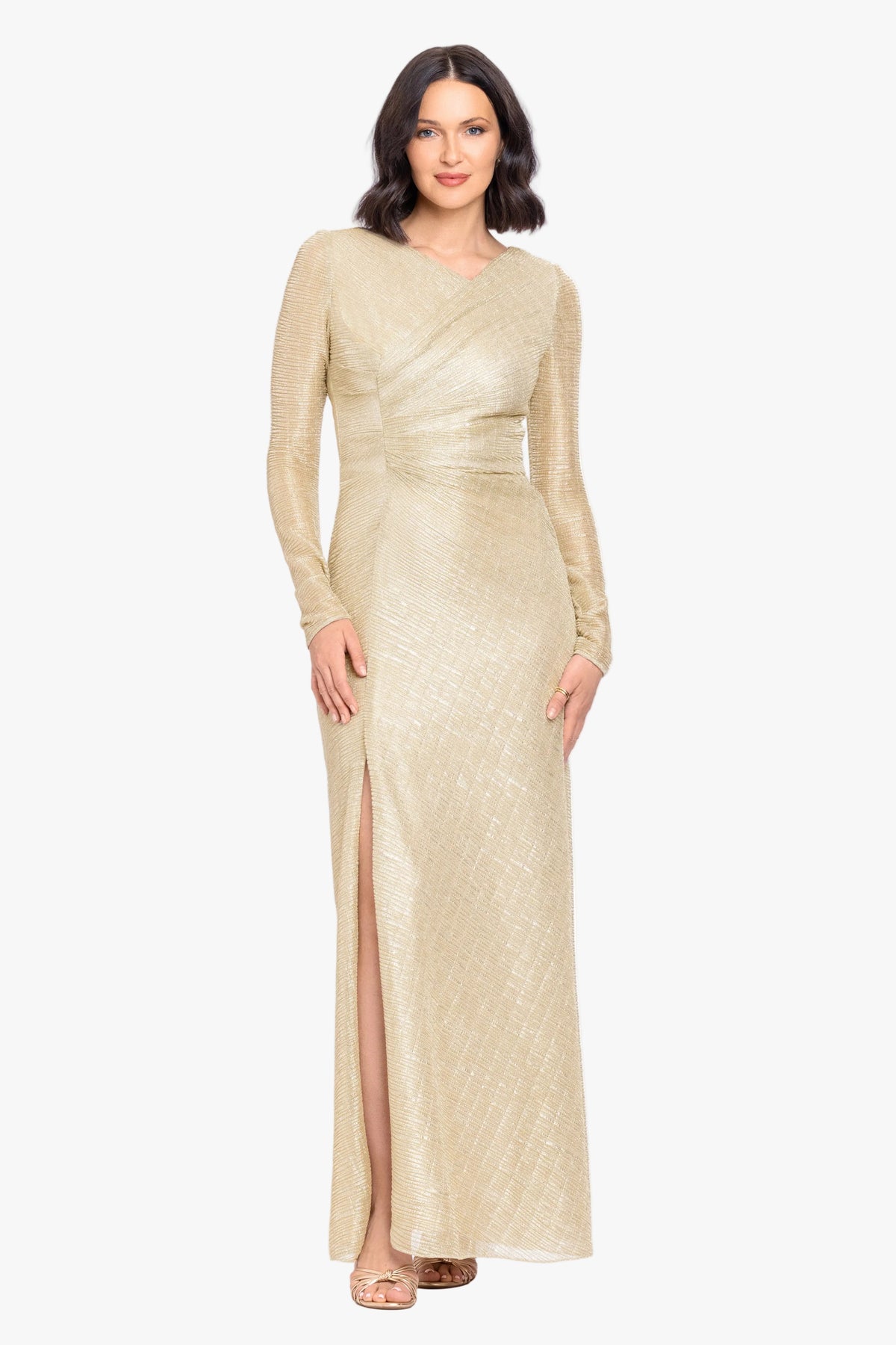 "Bondi" Metallic Crinkle Long Sleeve Asymmetrical Neckline Dress
