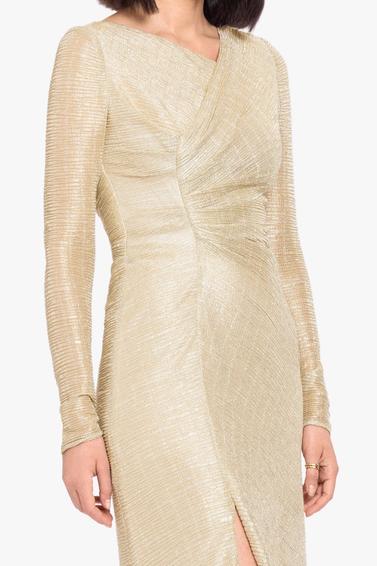 "Bondi" Metallic Crinkle Long Sleeve Asymmetrical Neckline Dress