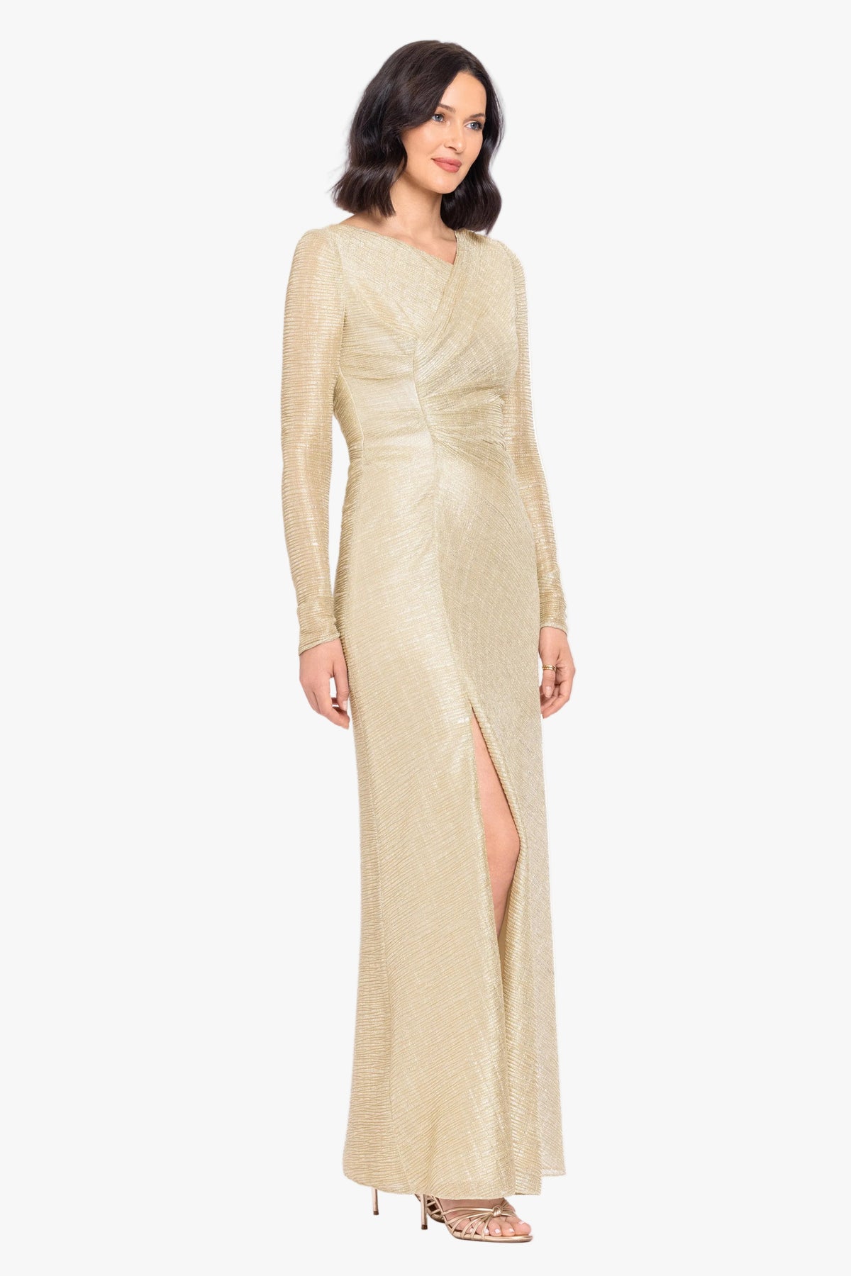 "Bondi" Metallic Crinkle Long Sleeve Asymmetrical Neckline Dress