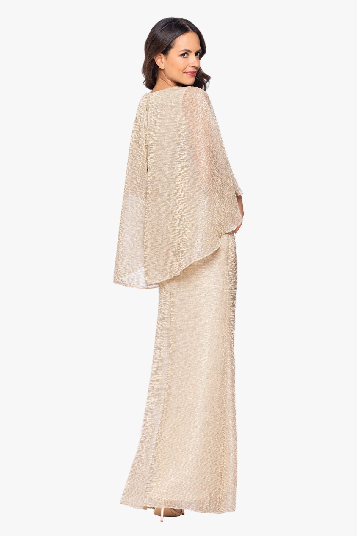 "Melinda" Metallic Crinkle Cape Dress