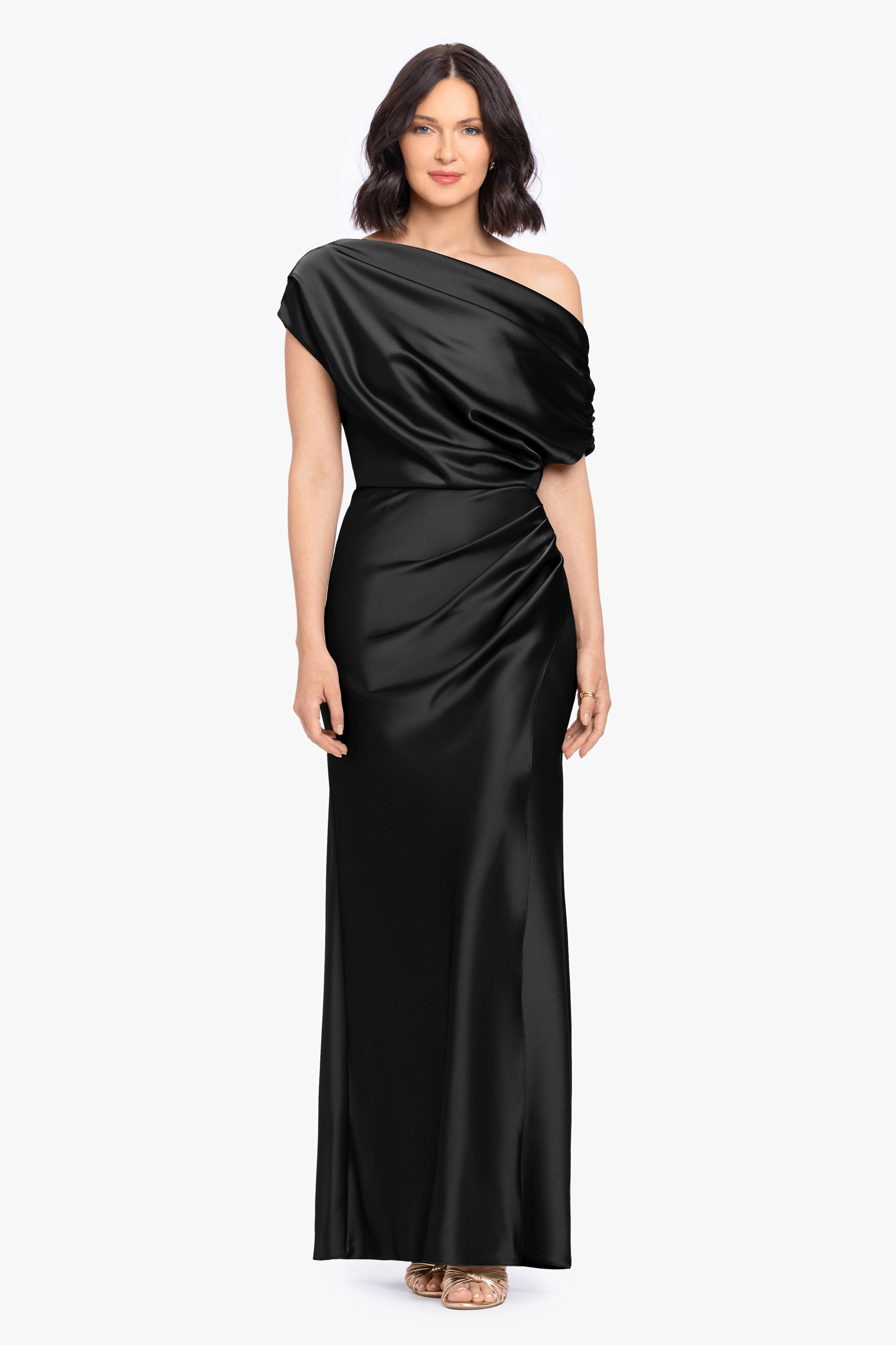 “Hailey” Double Faced Satin Off The Shoulder Ruched Dress