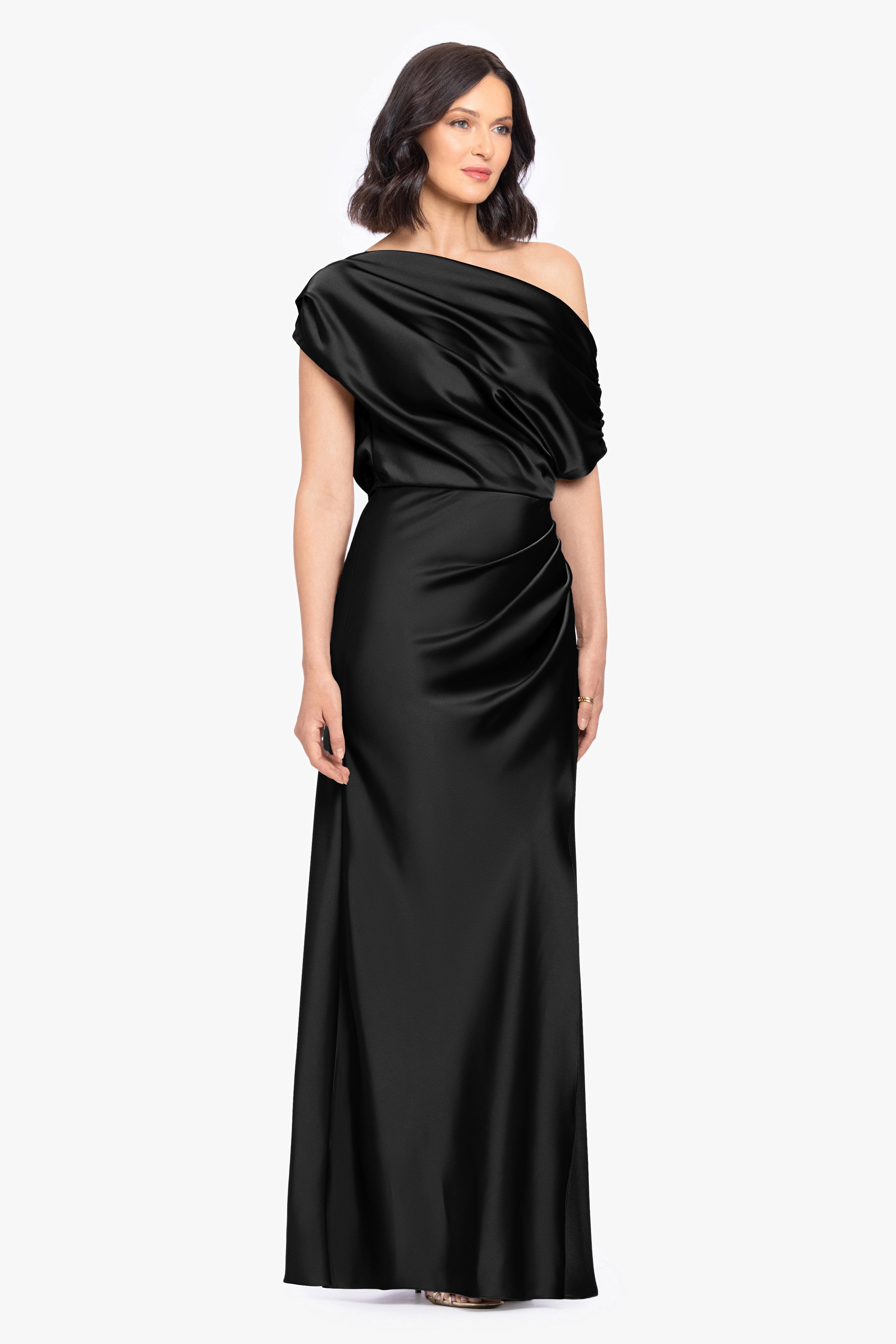 “Hailey” Double Faced Satin Off The Shoulder Ruched Dress