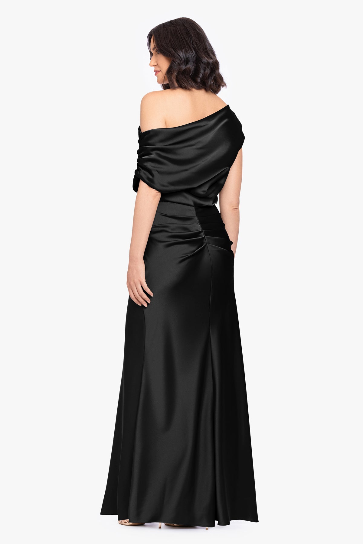 “Hailey” Double Faced Satin Off The Shoulder Ruched Dress