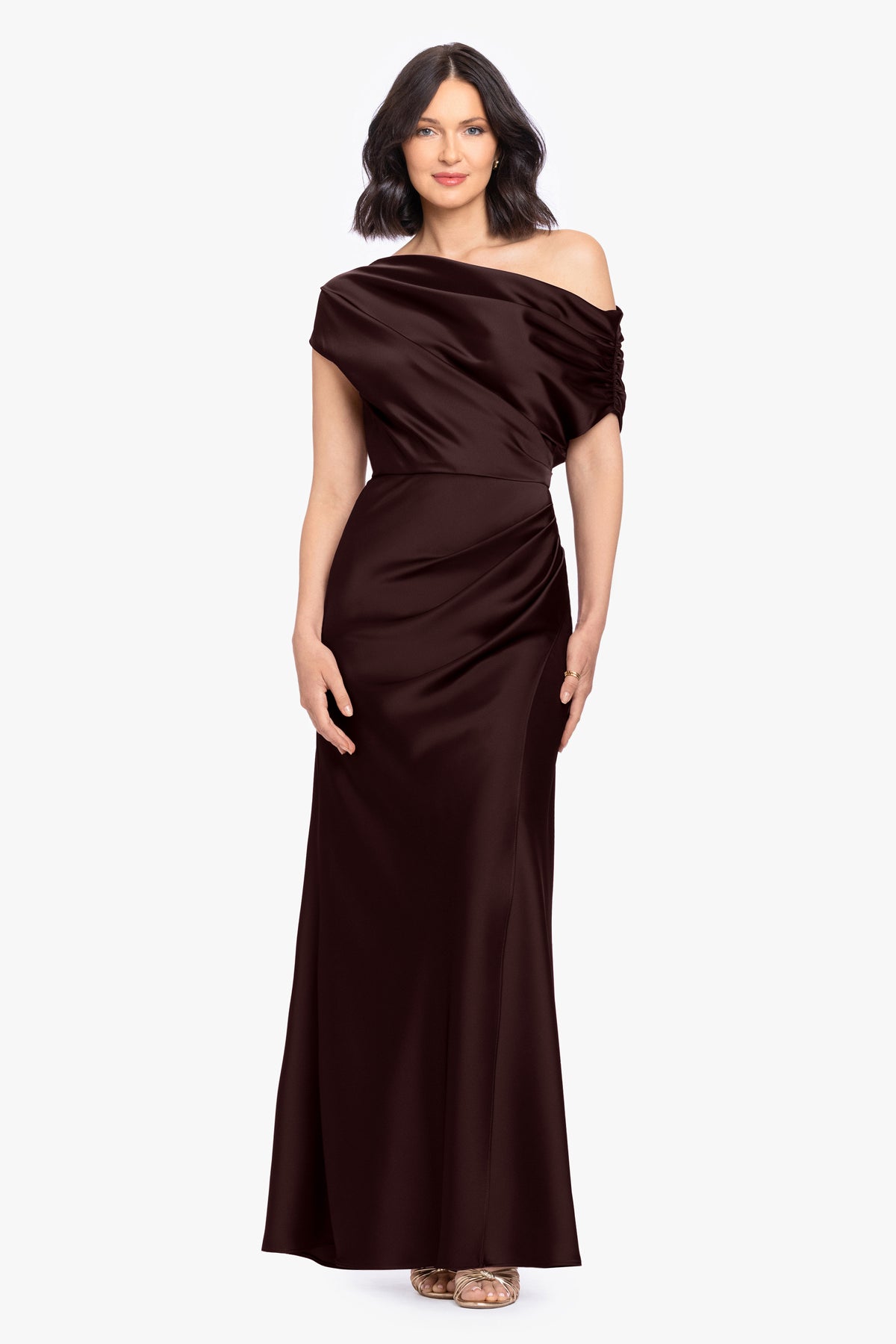 Petite “Hailey” Double Faced Satin Off The Shoulder Ruched Dress