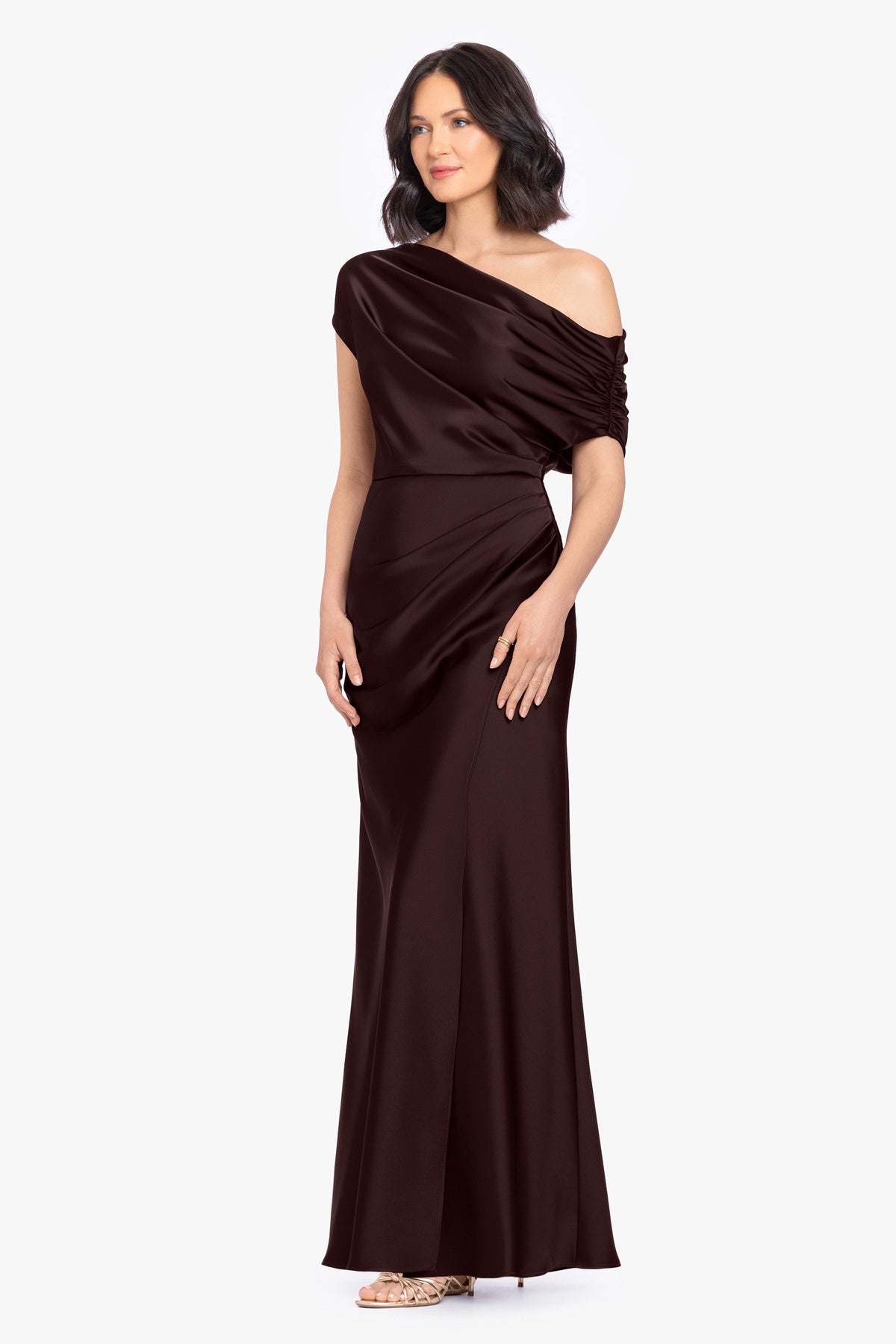 Petite “Hailey” Double Faced Satin Off The Shoulder Ruched Dress