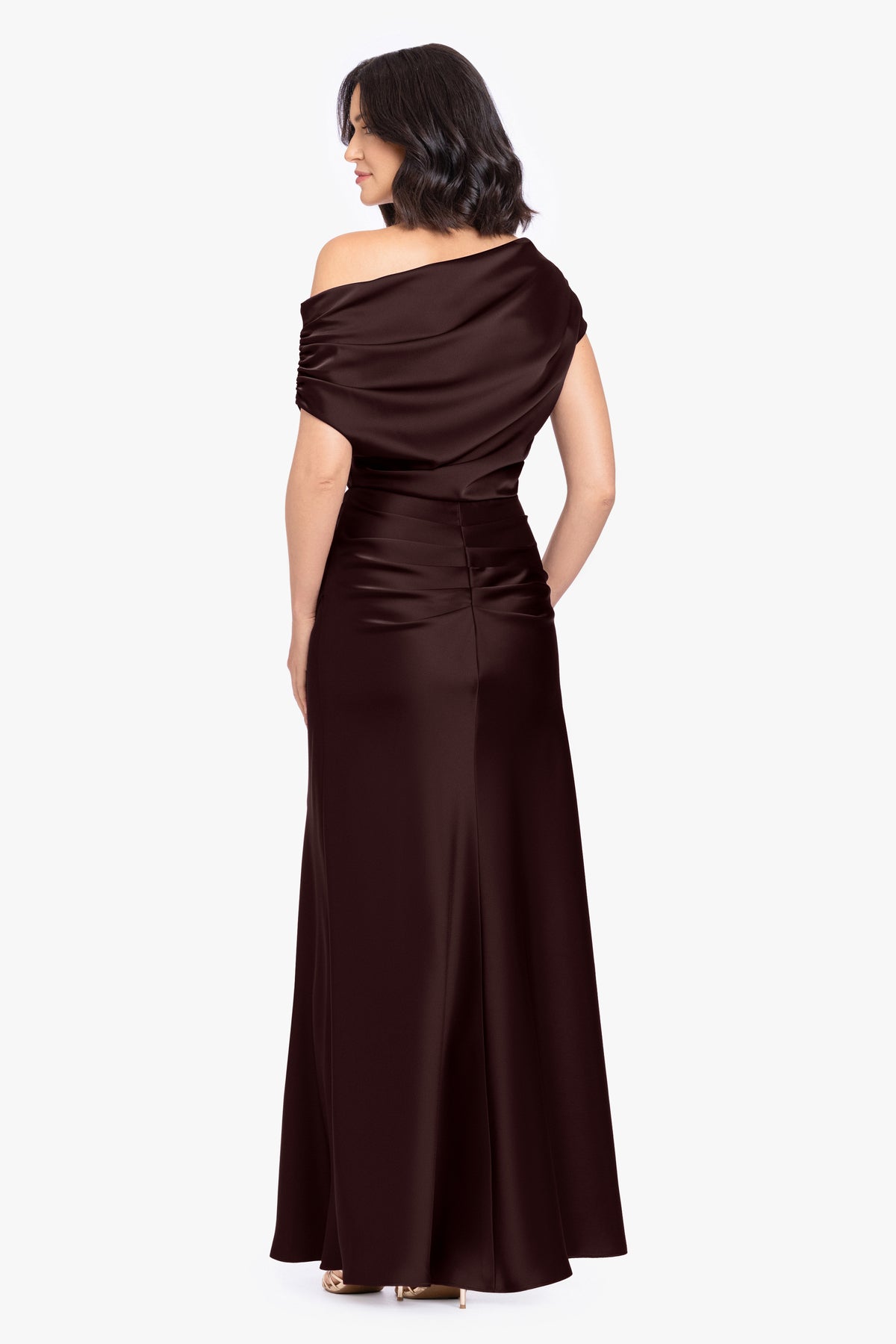 Petite “Hailey” Double Faced Satin Off The Shoulder Ruched Dress