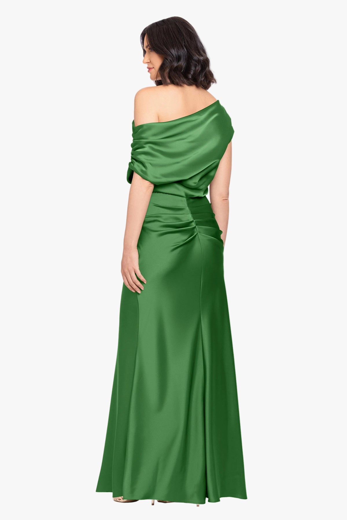 “Hailey” Double Faced Satin Off The Shoulder Ruched Dress