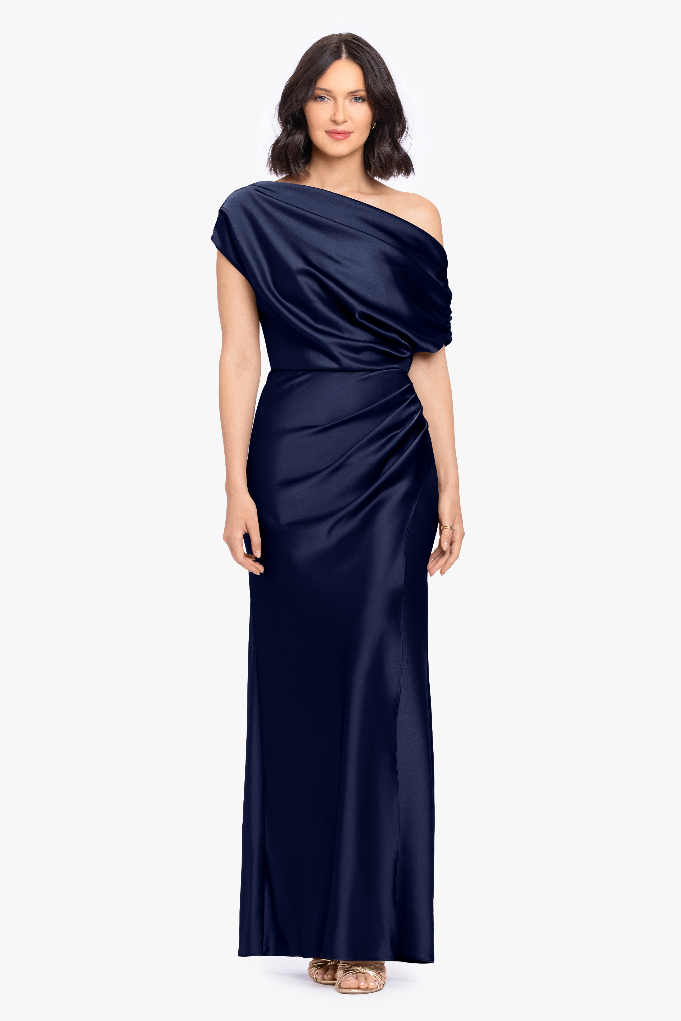 “Hailey” Double Faced Satin Off The Shoulder Ruched Dress