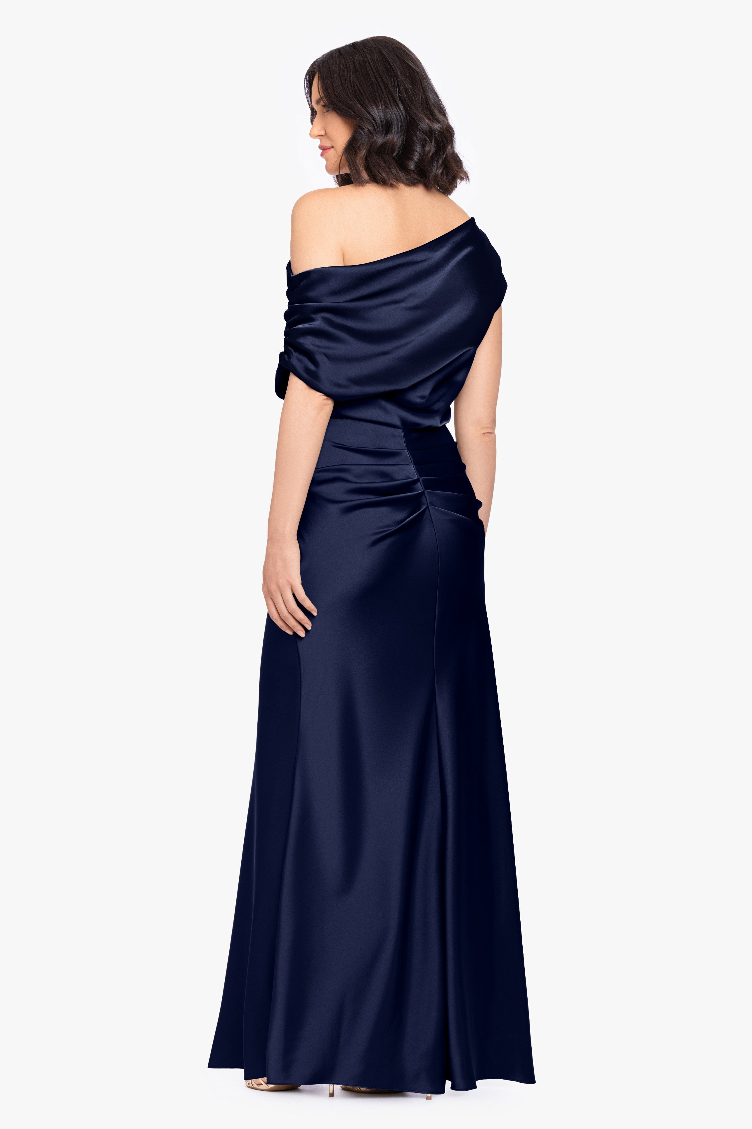 “Hailey” Double Faced Satin Off The Shoulder Ruched Dress