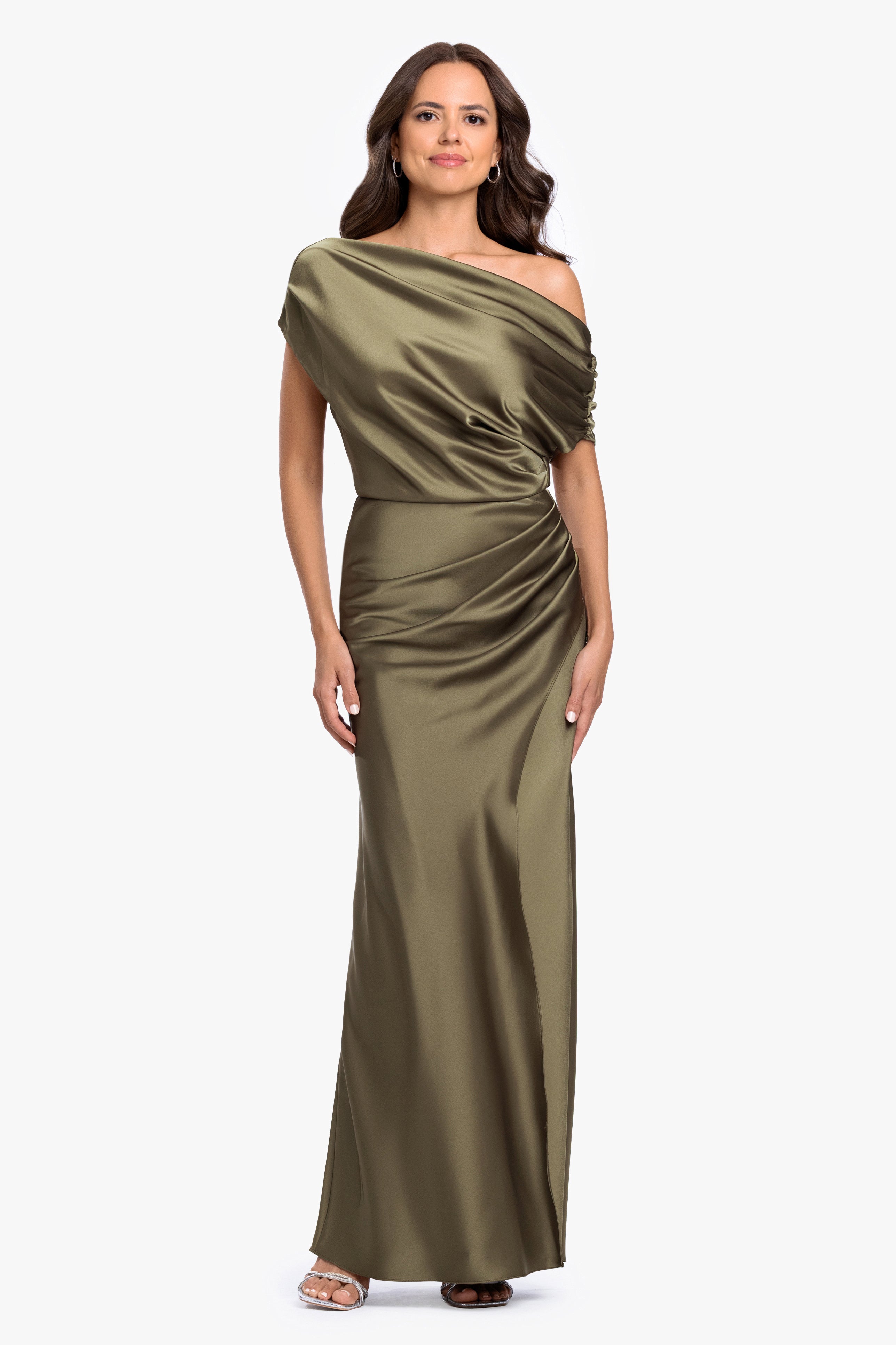 "Hailey" Double Satin Off The Shoulder Rouch Long Dress
