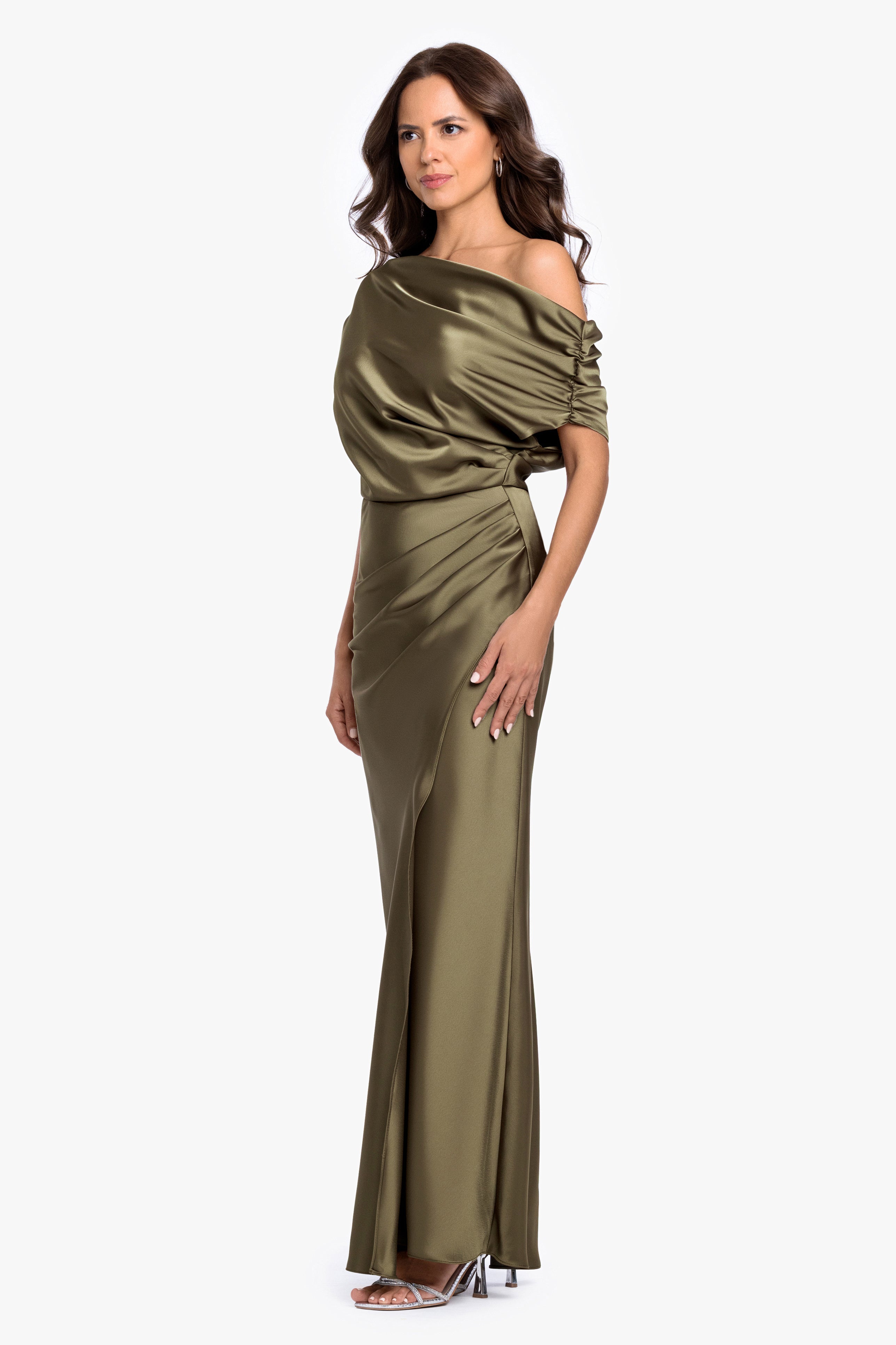 "Hailey" Double Satin Off The Shoulder Rouch Long Dress