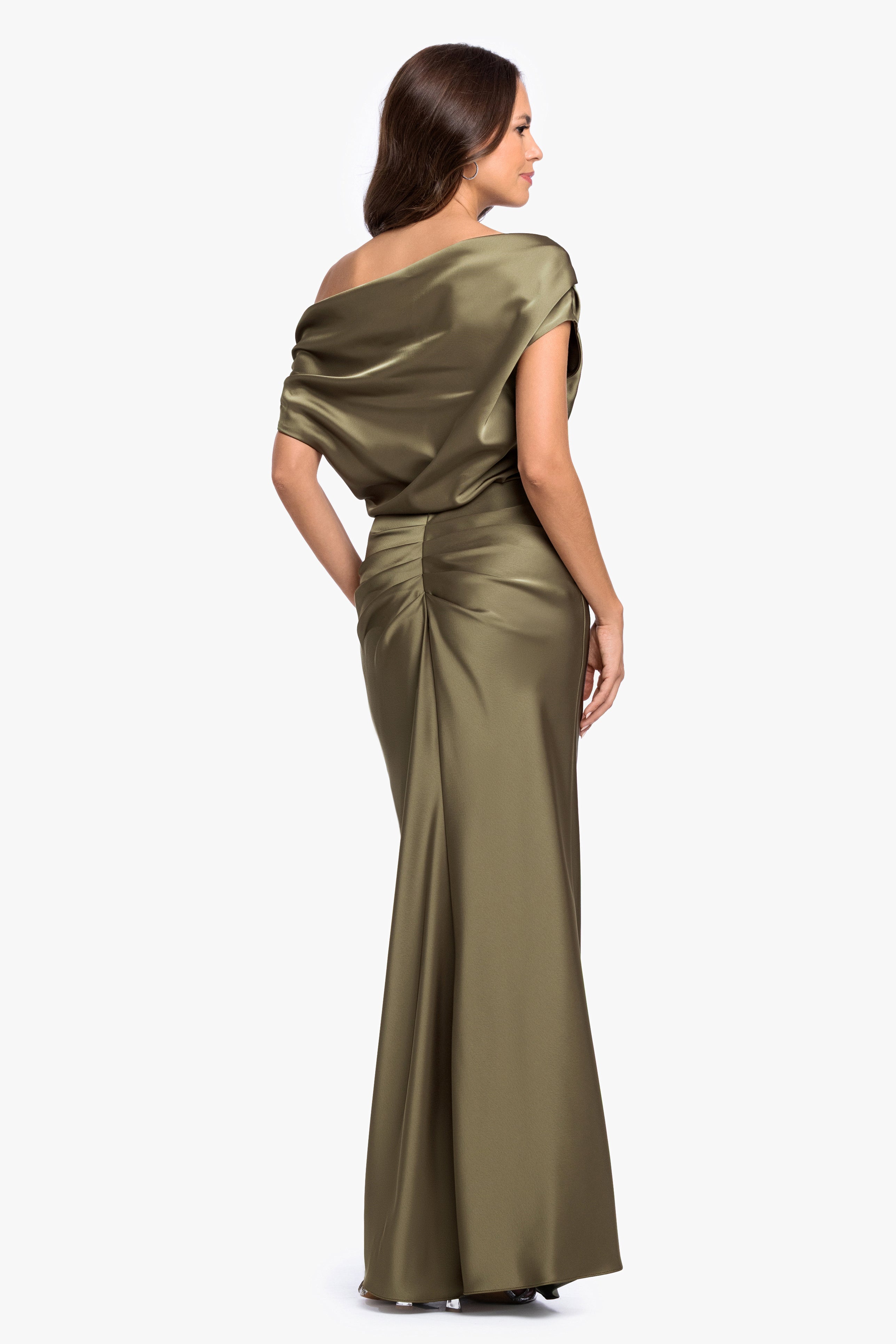 "Hailey" Double Satin Off The Shoulder Rouch Long Dress