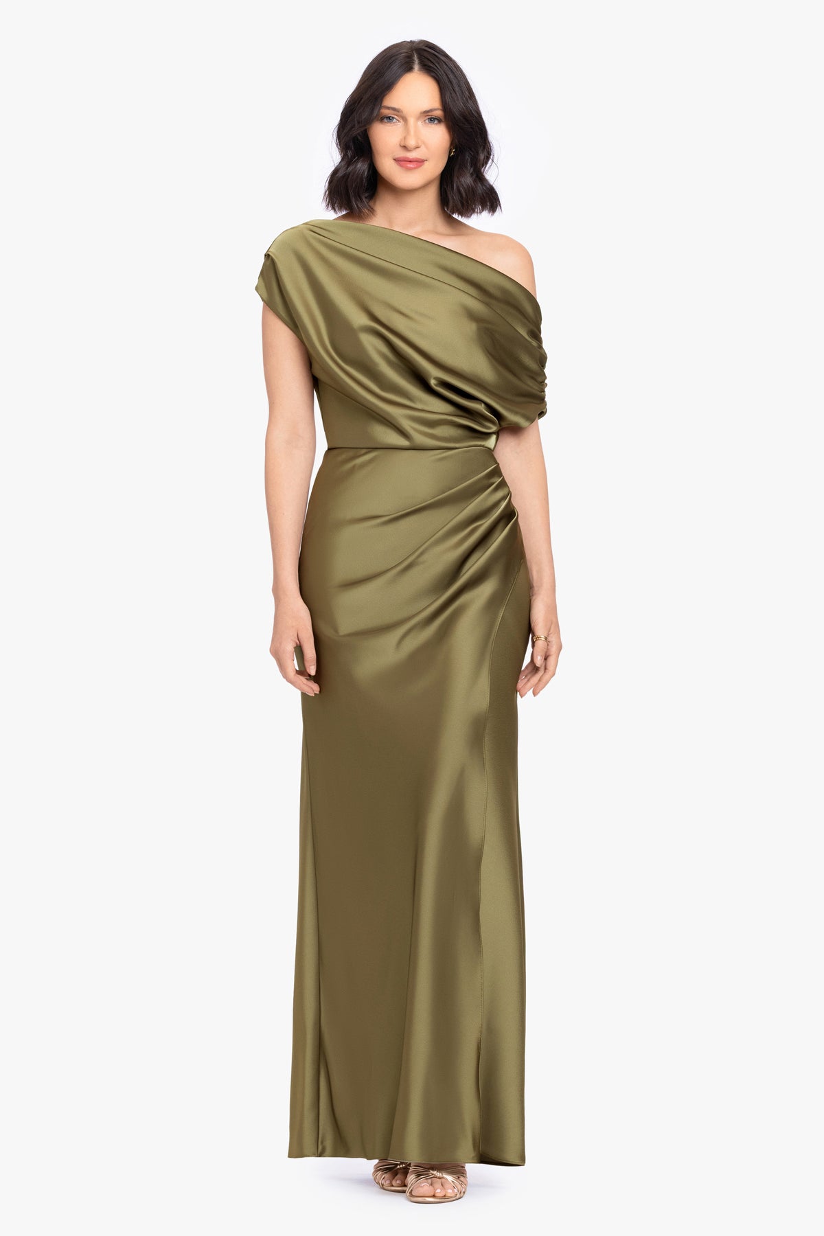 Petite “Hailey” Double Faced Satin Off The Shoulder Ruched Dress