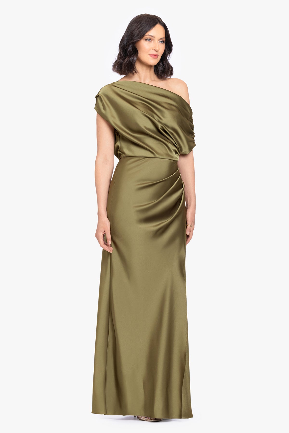 Petite “Hailey” Double Faced Satin Off The Shoulder Ruched Dress