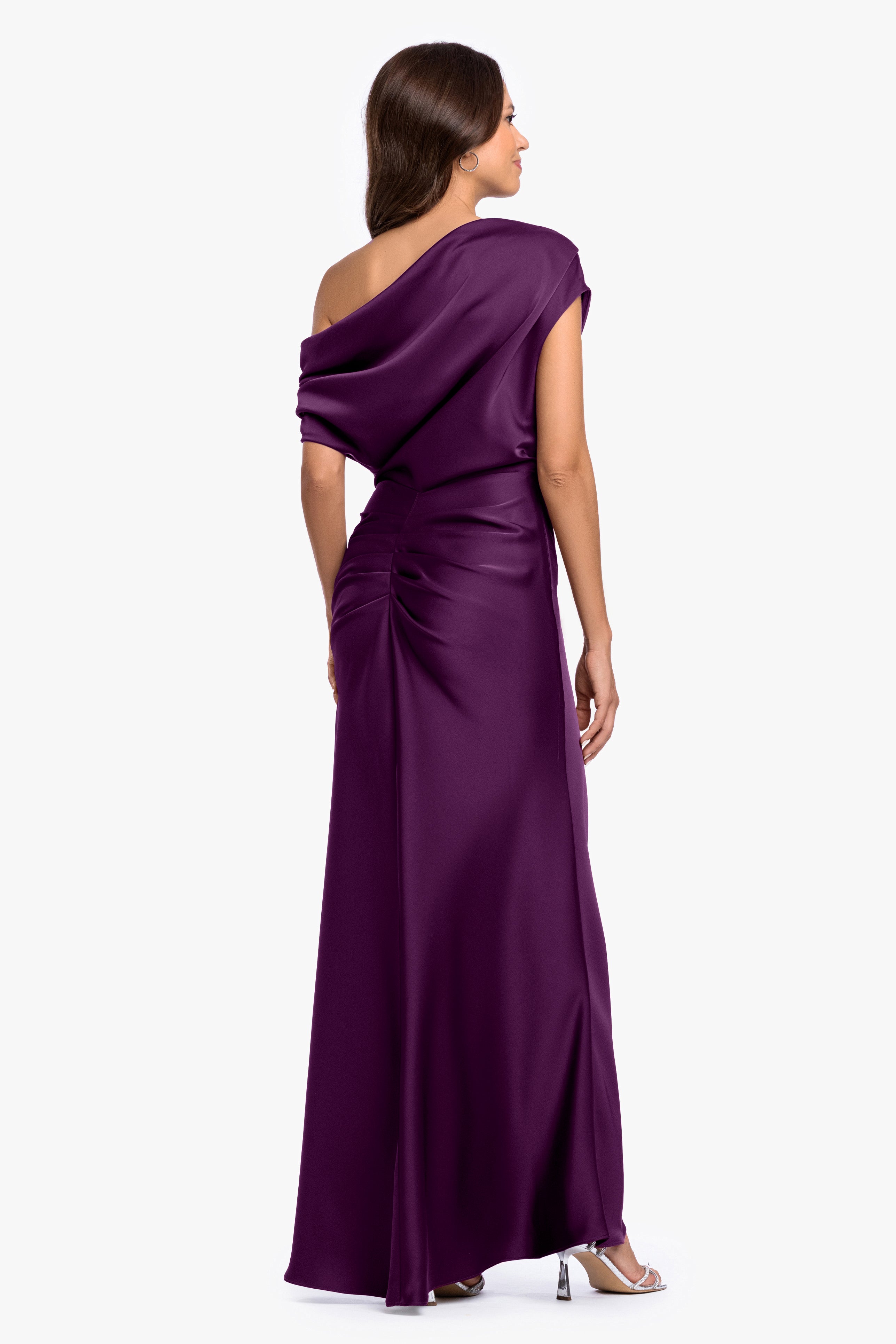 “Hailey” Double Satin Off The Shoulder Ruched Dress