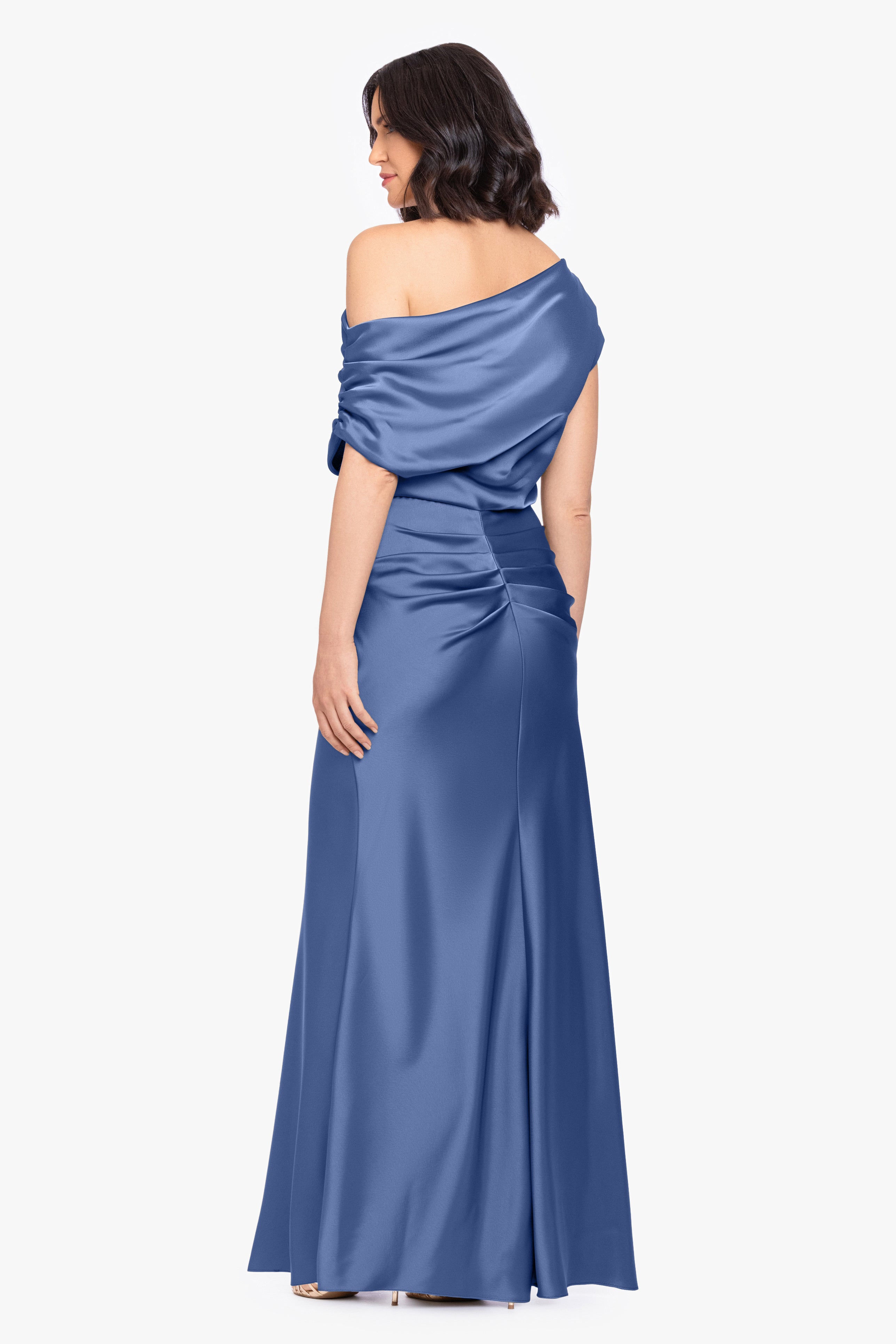 “Hailey” Double Faced Satin Off The Shoulder Ruched Dress