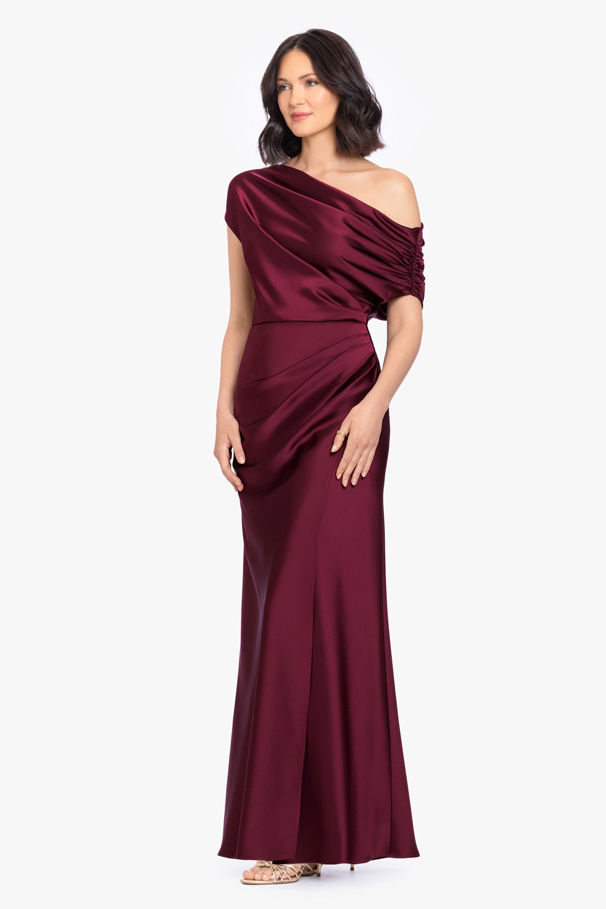 Petite “Hailey” Double Faced Satin Off The Shoulder Ruched Dress