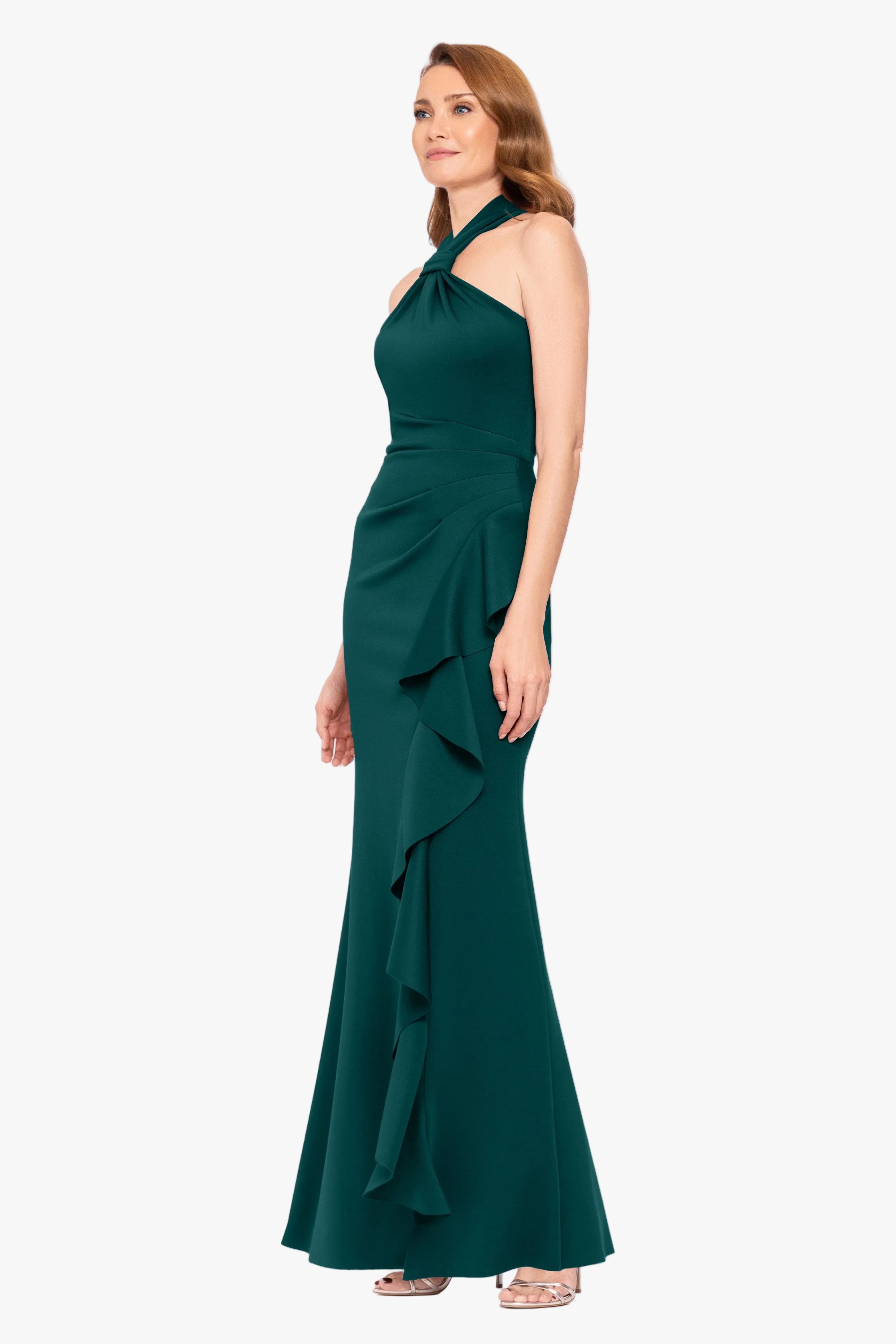 "Hazel" Scuba Crepe Knotted Neck Side Ruffle Dress