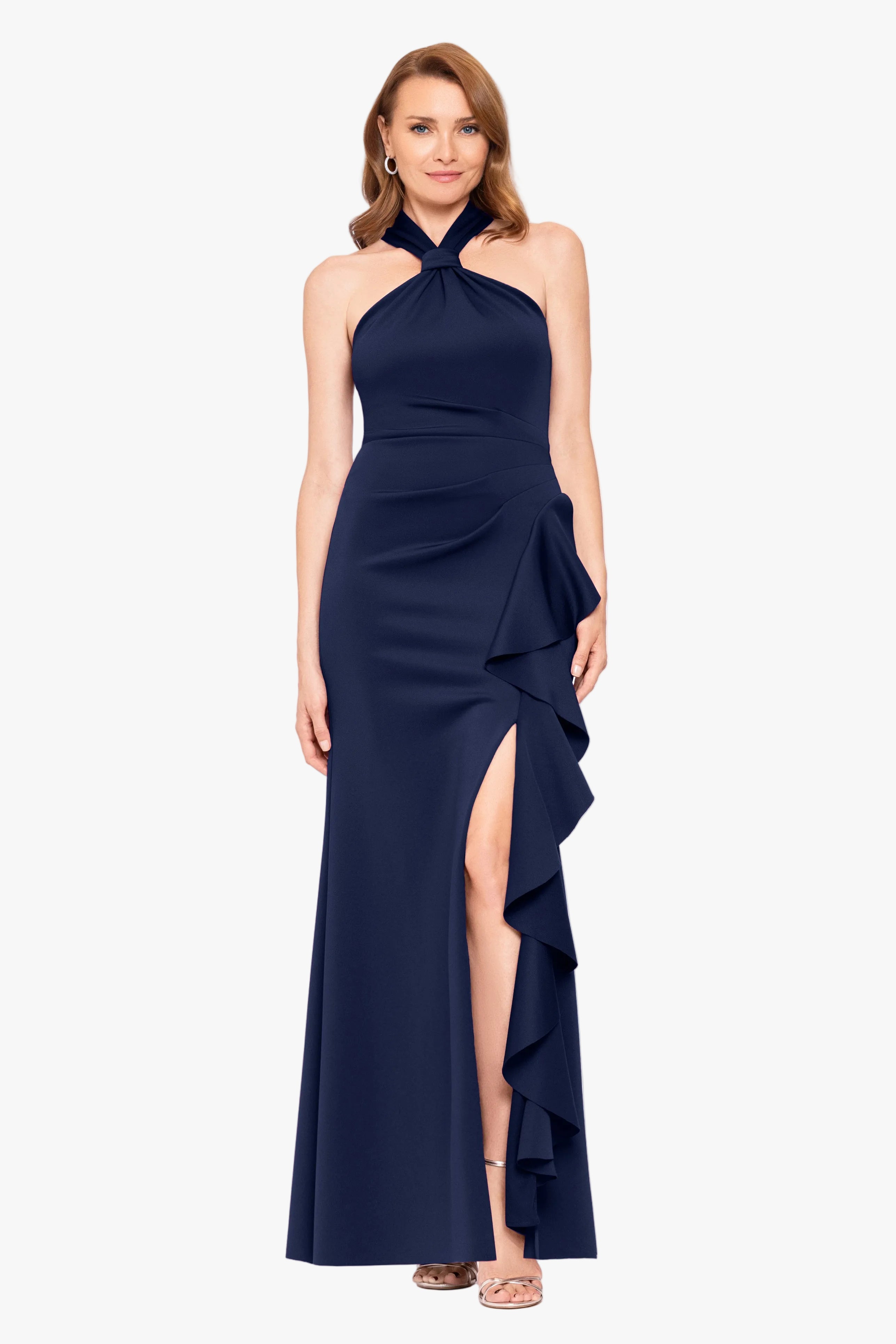 Petite "Hazel" Scuba Crepe Knotted Neck Side Ruffle Dress
