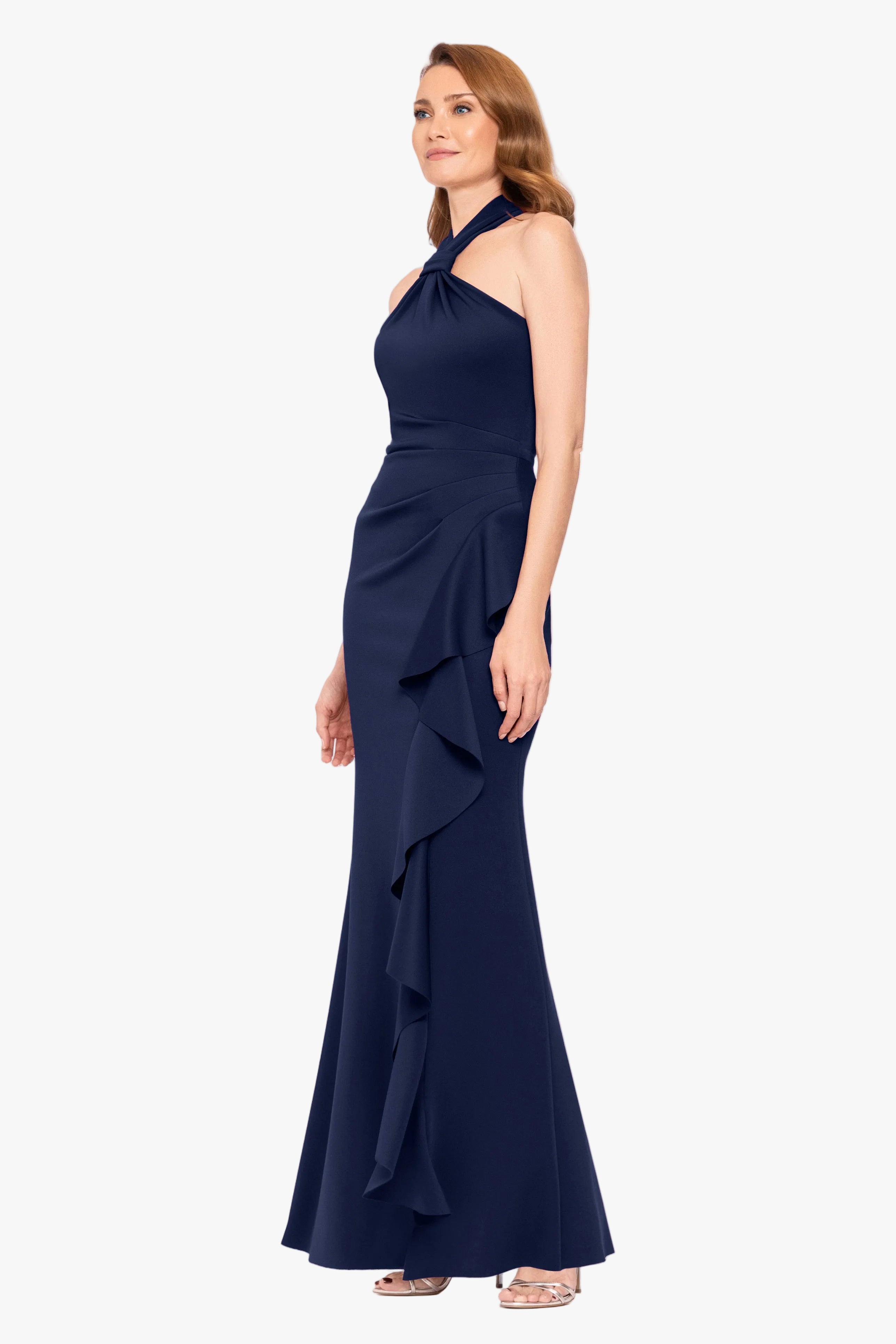 Petite "Hazel" Scuba Crepe Knotted Neck Side Ruffle Dress