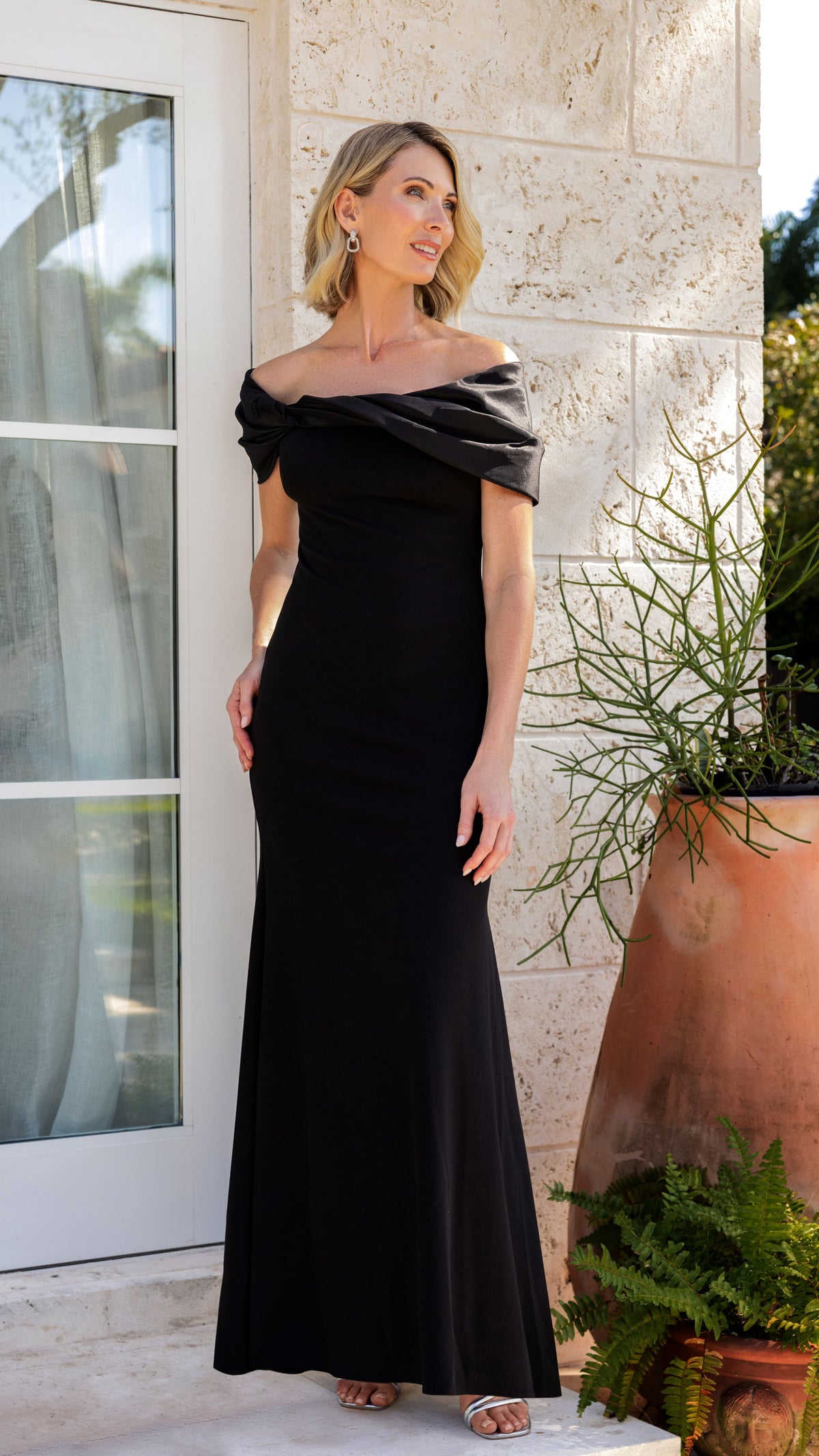 "Michelle" Scuba Crepe Off the Shoulder Taffeta Trim Dress