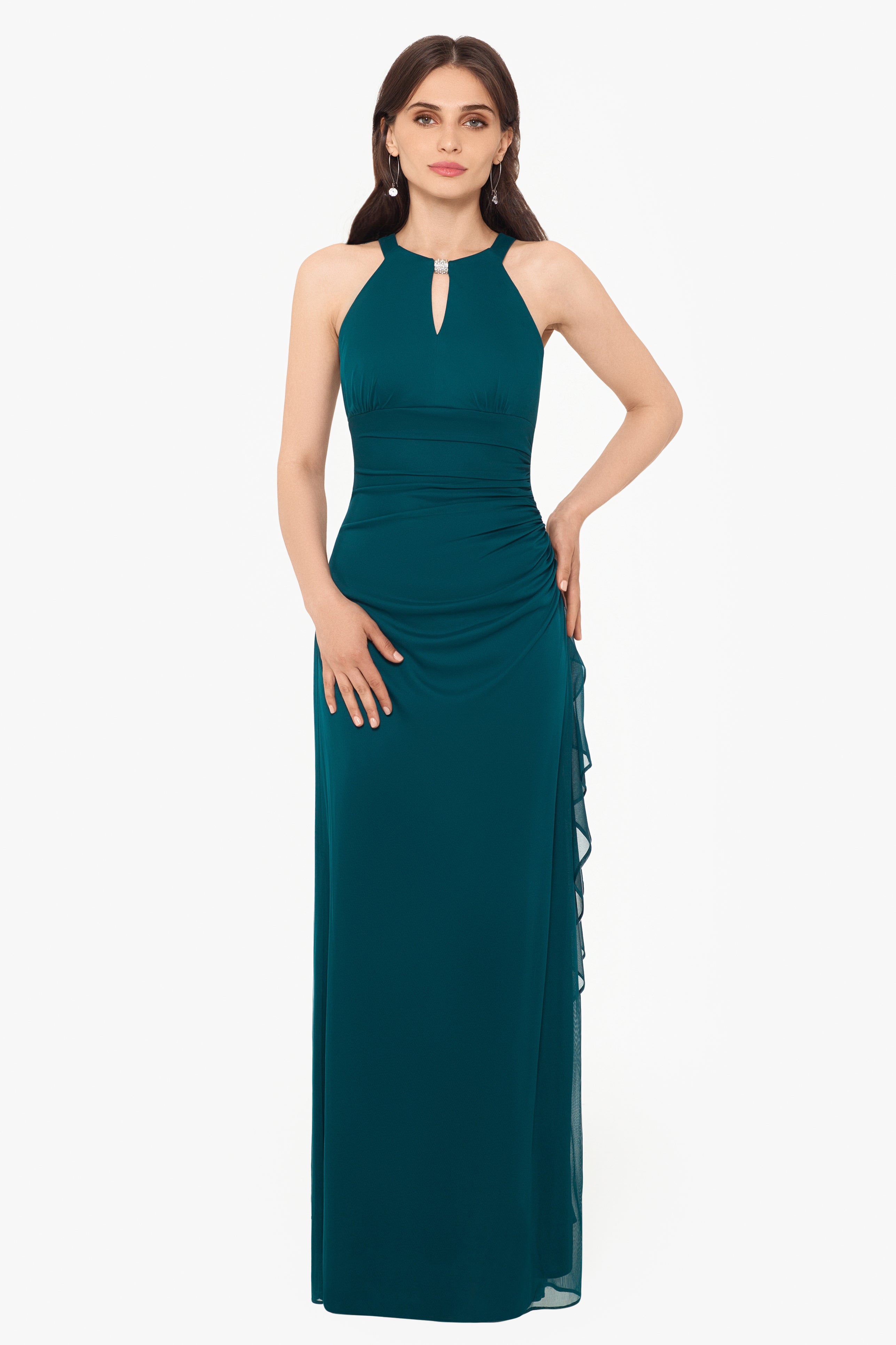 Petite "Petra" Sheer Matte Jersey Key Hole Floor Length Dress