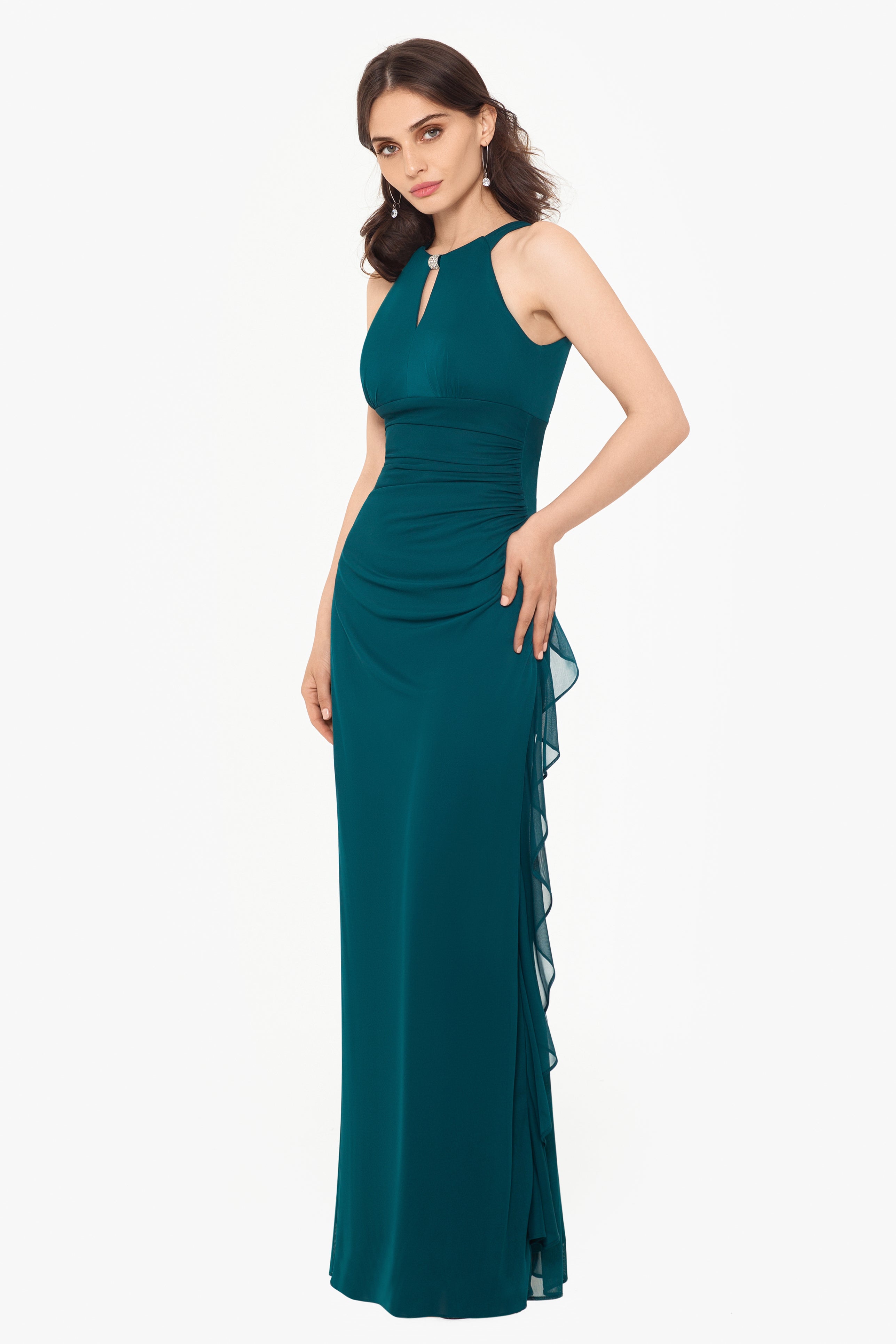 Petite "Petra" Sheer Matte Jersey Key Hole Floor Length Dress